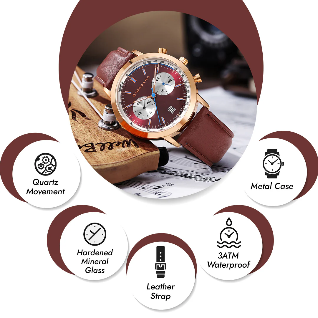 Giordano Analog Stylish Multi-Functional Watch for Men with Round Shape dial, Japanese Quartz and Leather Strap | GZ-50089-03 - Image 4