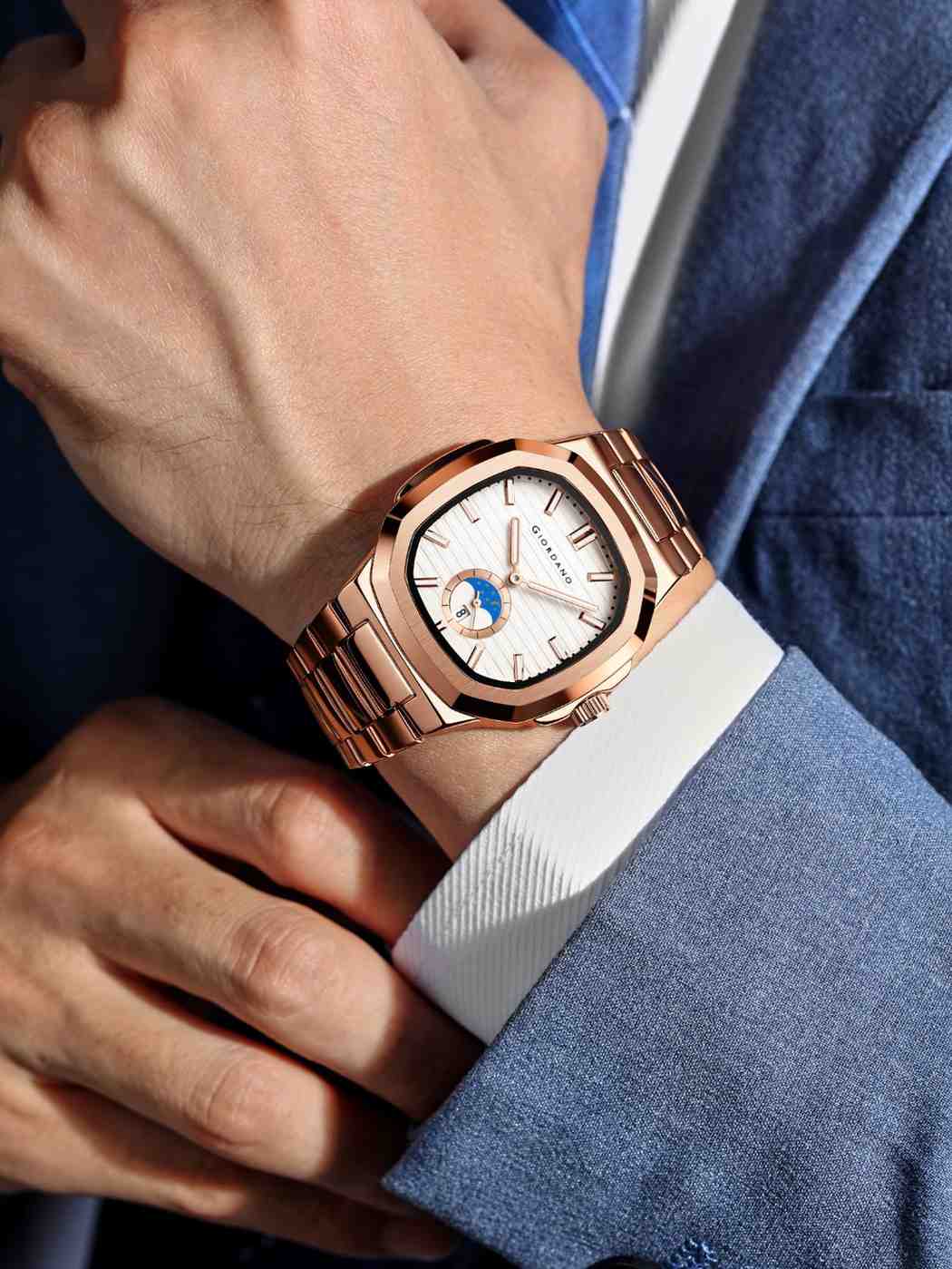 GIORDANO Analog Watch for Men – Classic Moon Phase Design with Textured Dial, Durable Stainless Steel Strap, and Date Display - GZ-50179-33 - Image 2