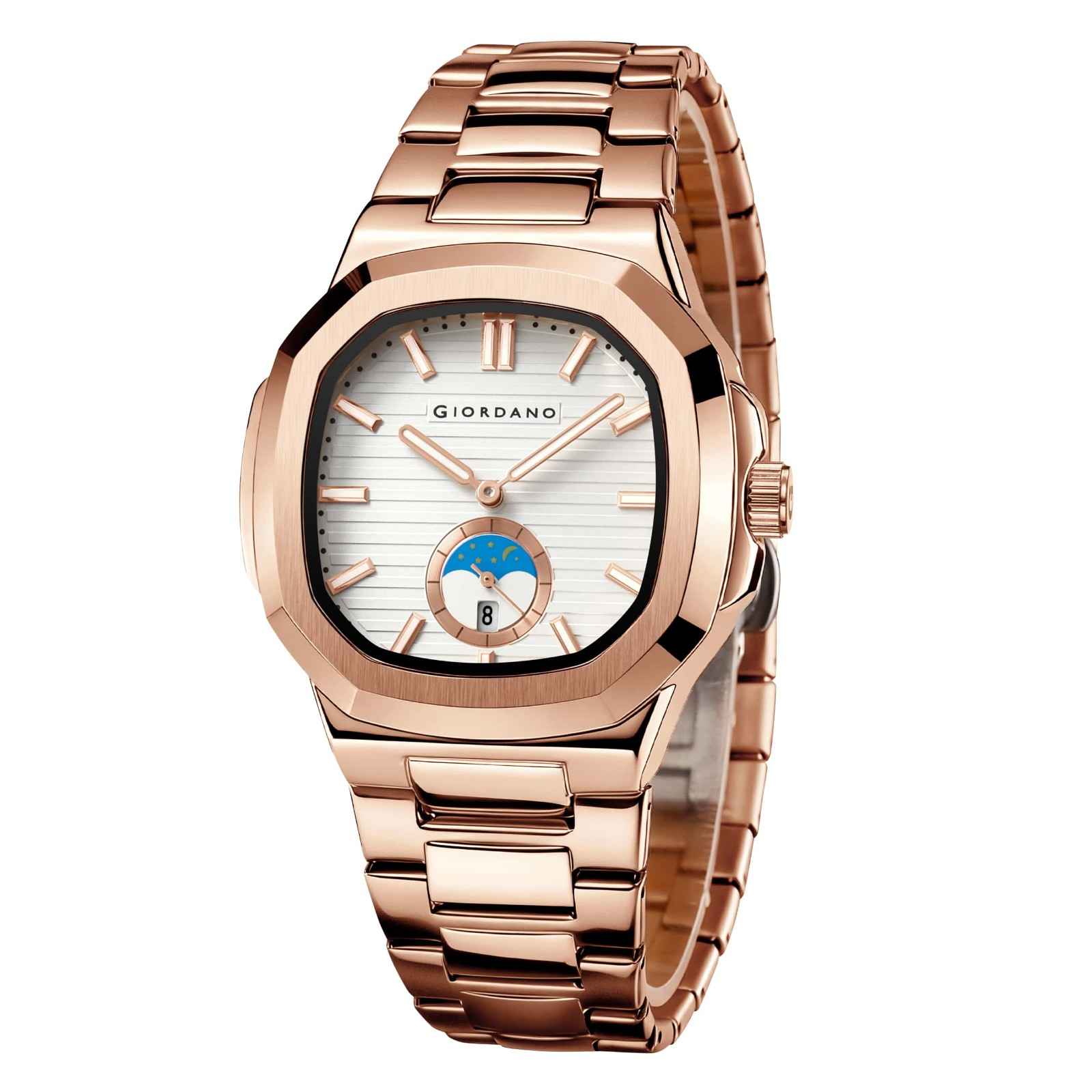 GIORDANO Analog Watch for Men – Classic Moon Phase Design with Textured Dial, Durable Stainless Steel Strap, and Date Display - GZ-50179-33 - Image 6
