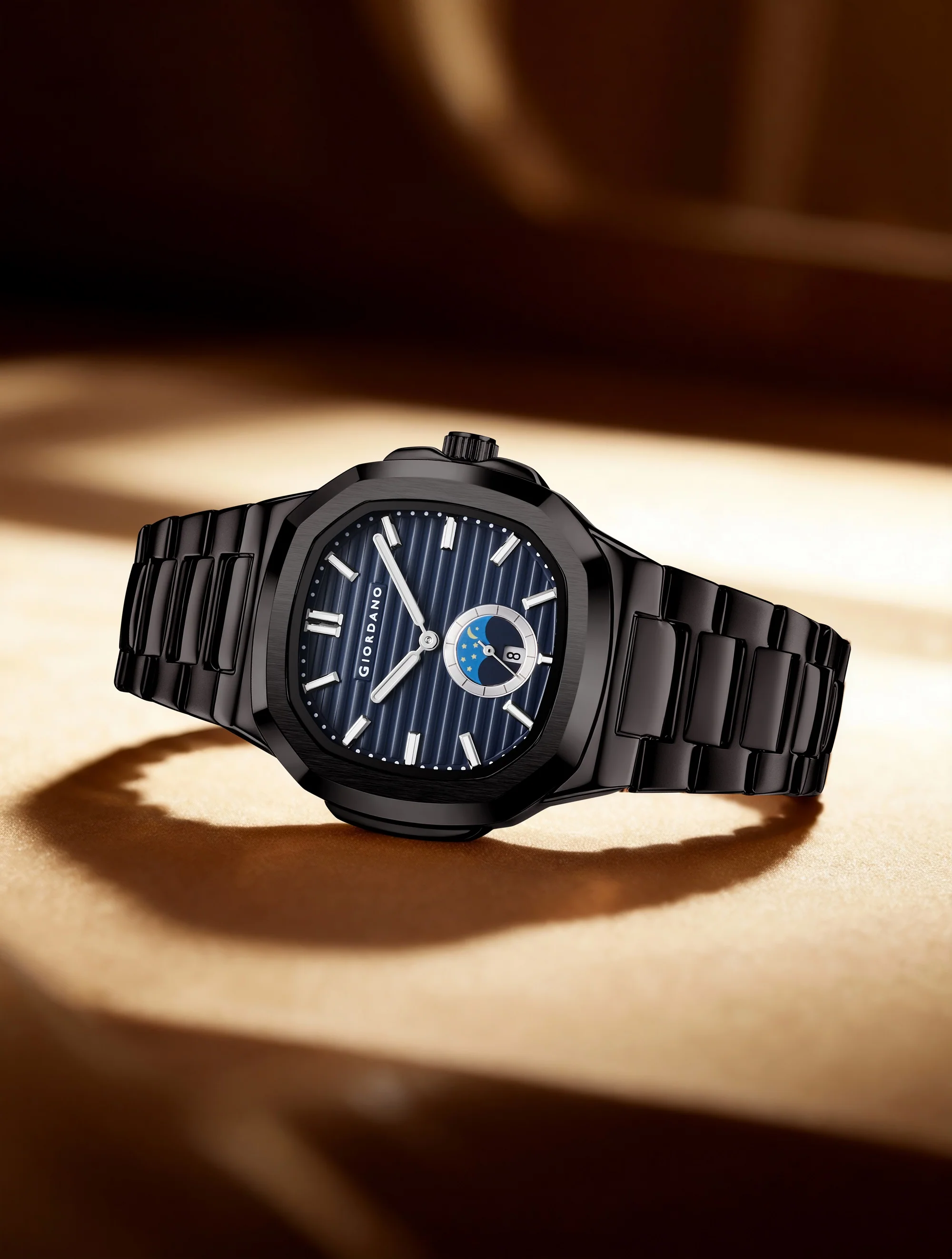 GIORDANO Analog Watch for Men – Classic Moon Phase Design with Textured Dial, Durable Stainless Steel Strap, and Date Display - GZ-50179-22 - Image 3