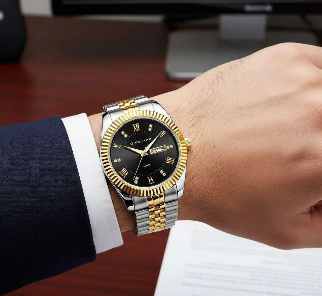GIORDANO Analog Watch for Men – Luxury Two-Tone Stainless Steel Strap, Gold Accents, Crystal Hour Markers, Fluted Bezel, and Day-Date Display - GZ-50173-11 - Image 2