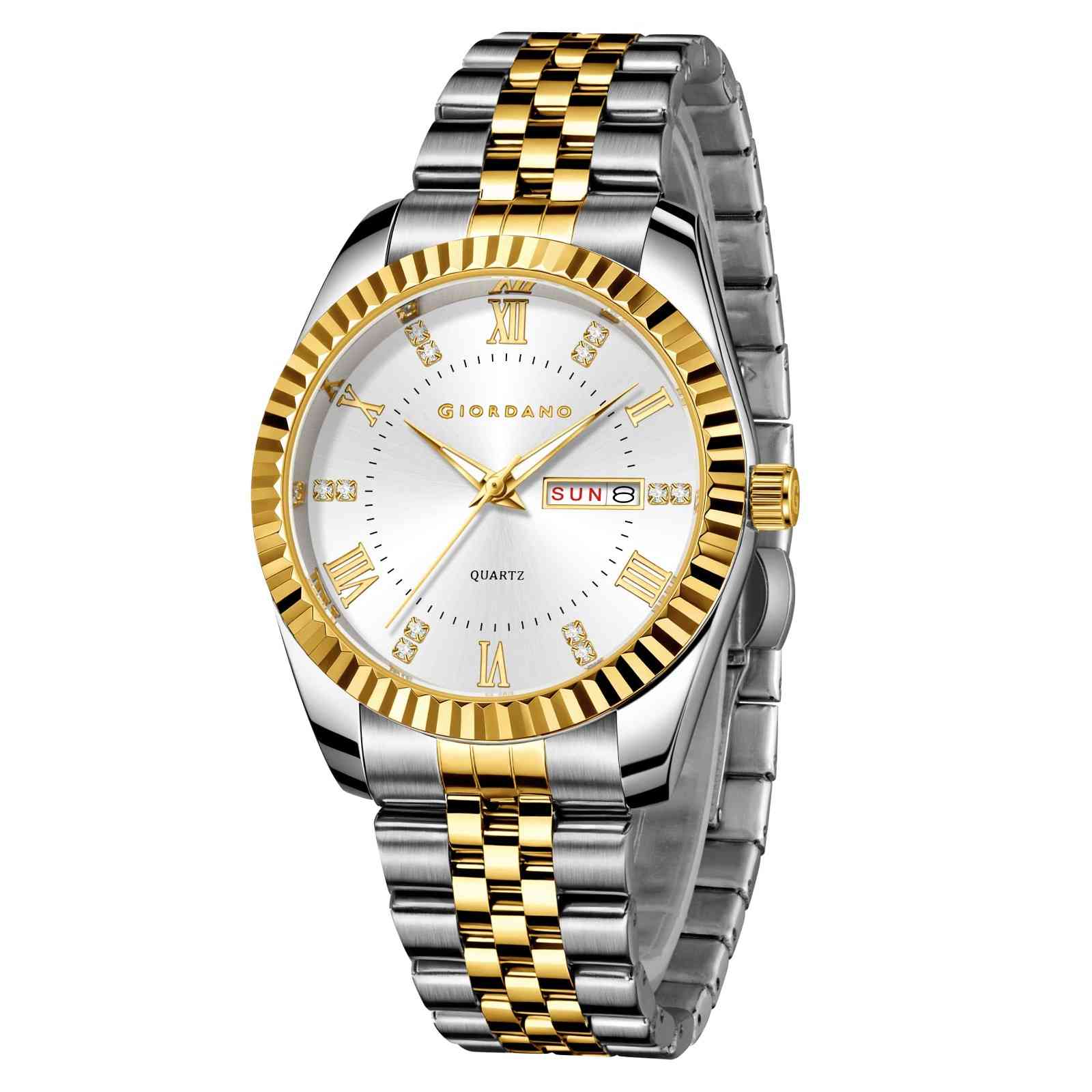 GIORDANO Analog Watch for Men – Luxury Two-Tone Stainless Steel Strap, Gold Accents, Crystal Hour Markers, Fluted Bezel, and Day-Date Display - GZ-50173-22 - Image 6