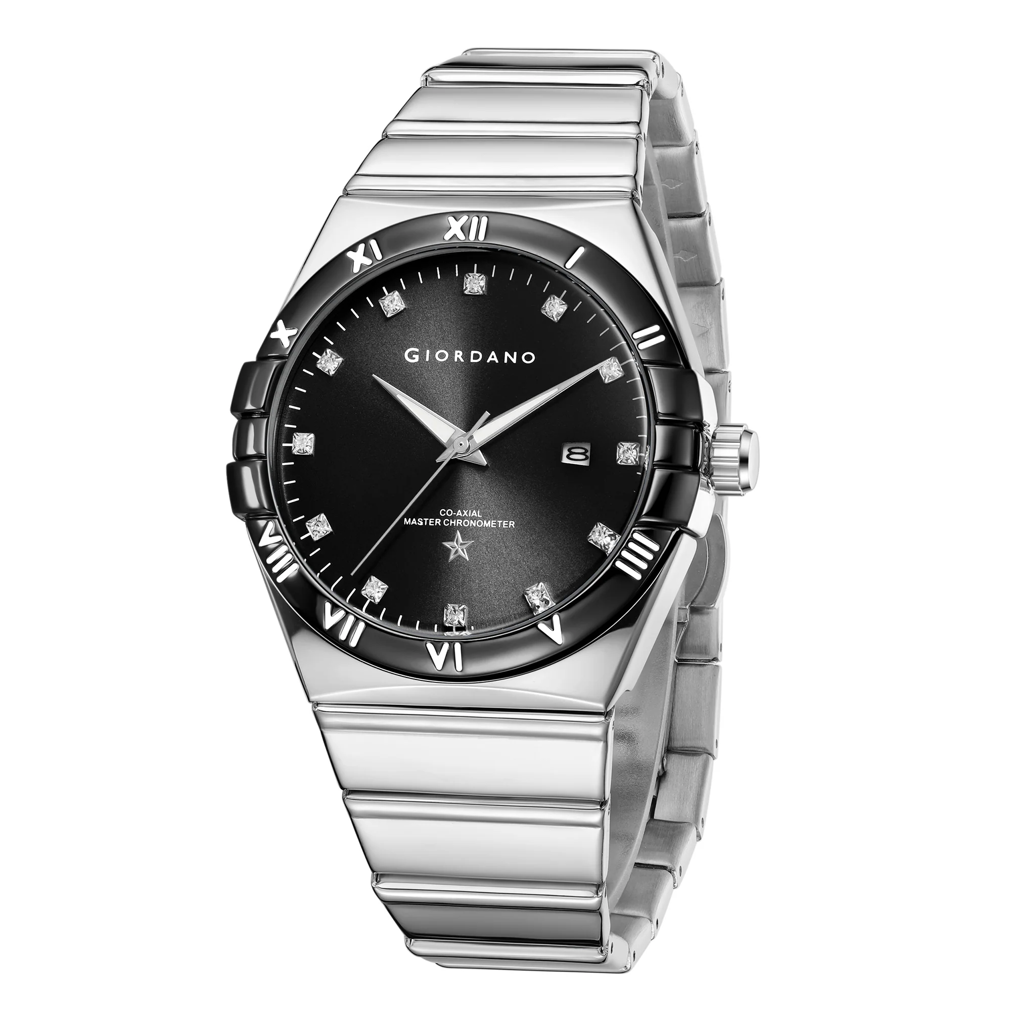 Giordano Analog Watch for Men Round Black Dial with Crystal Markers, Roman Bezel, Date Display & Stainless Steel Strap GZ-50220-11 - Image 5