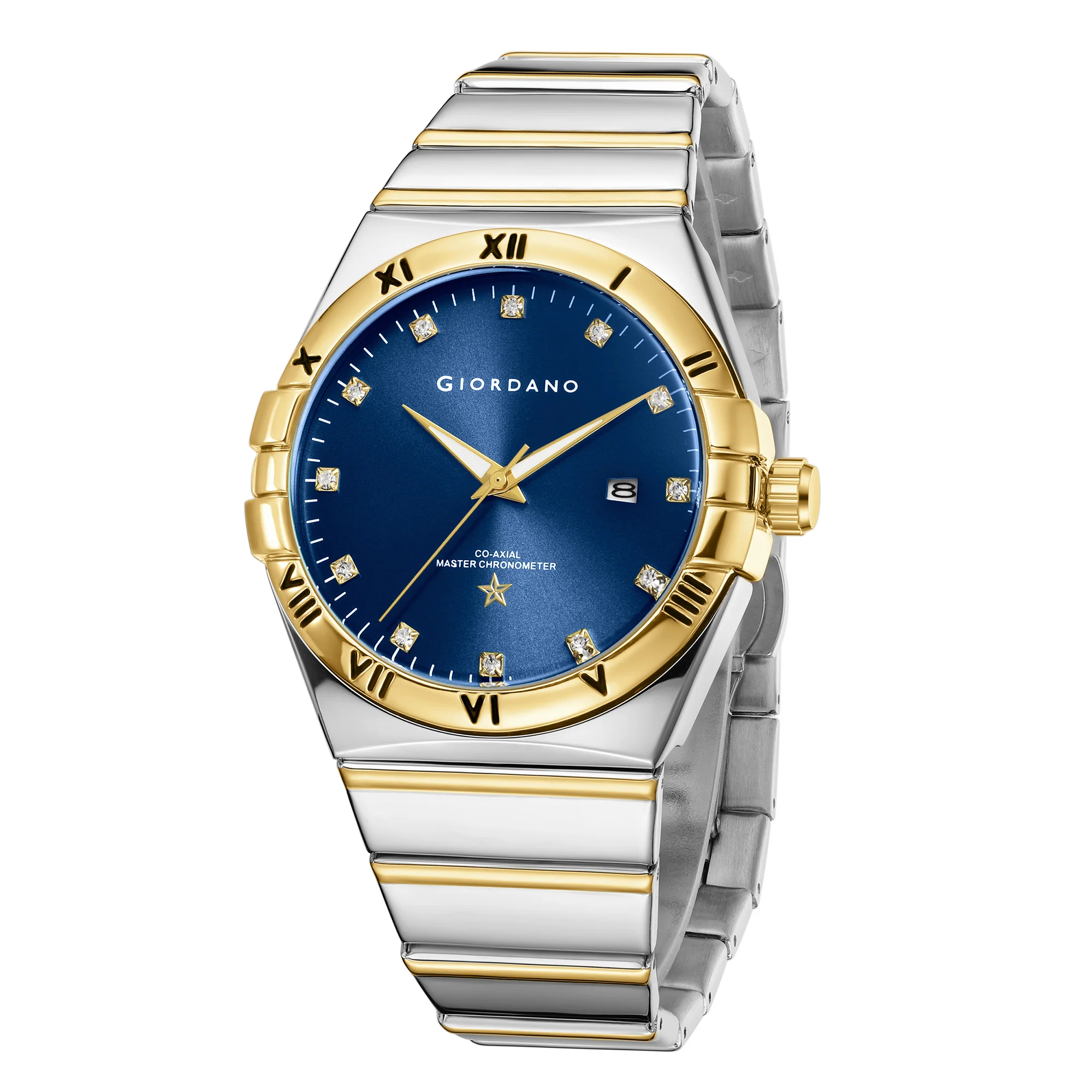 Giordano Analog Watch for Men Round Blue Dial with Crystal Markers, Roman Bezel, Date Display & Stainless Steel Strap GZ-50220-55 - Image 4
