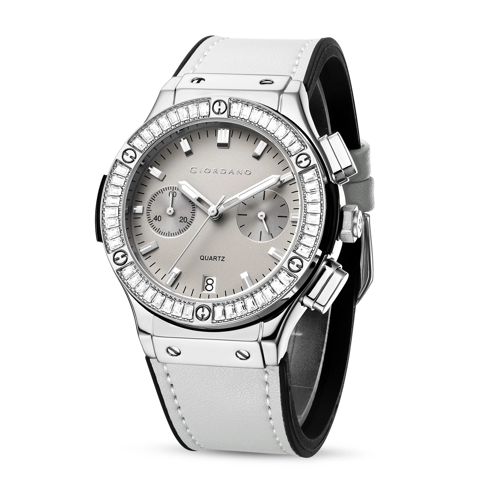 Giordano analog Watch for men  – Round Dial,  Leather Strap, Crystal-Studded Bezel with Quartz Movement-GZ-60093-01 - Image 4
