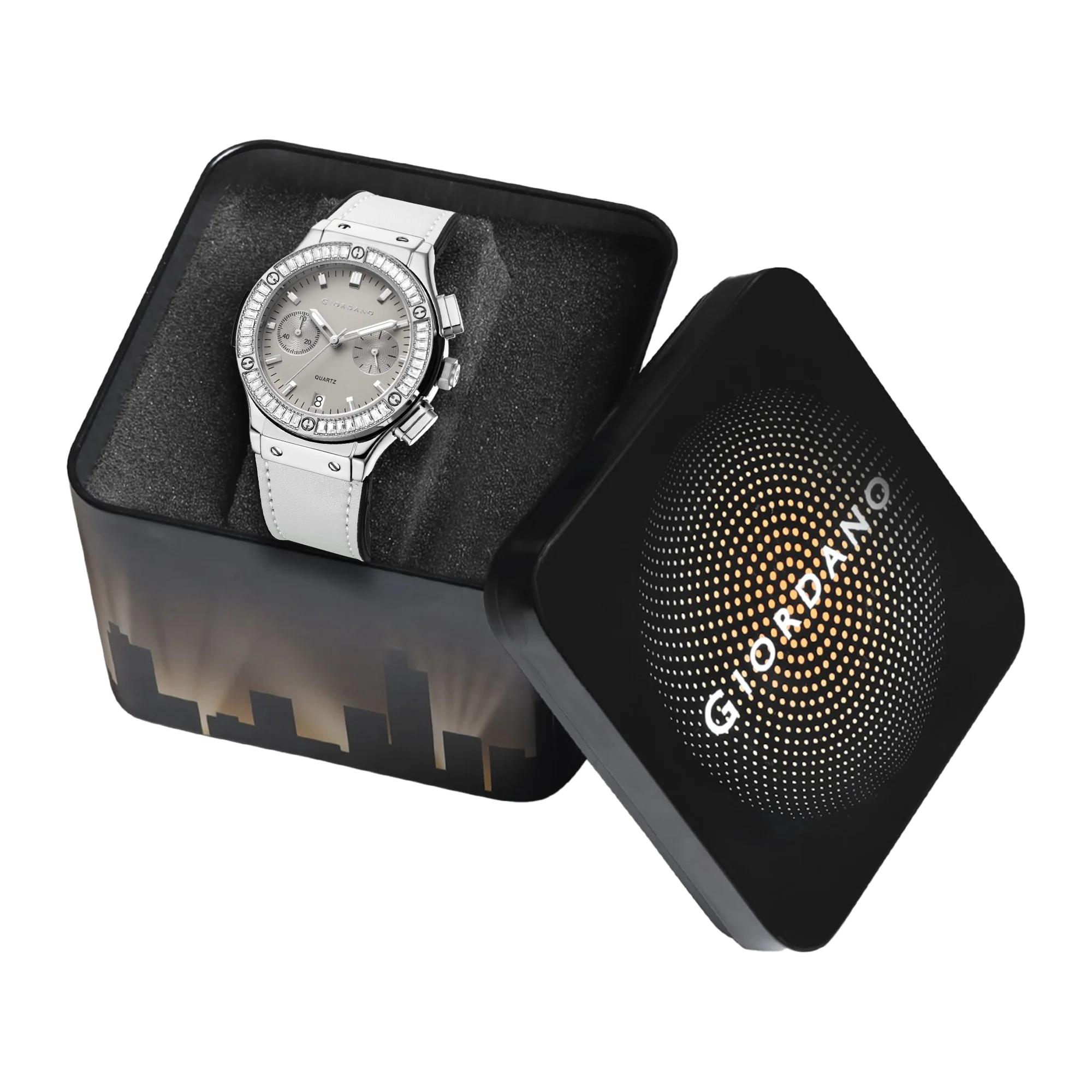 Giordano analog Watch for men  – Round Dial,  Leather Strap, Crystal-Studded Bezel with Quartz Movement-GZ-60093-01 - Image 6