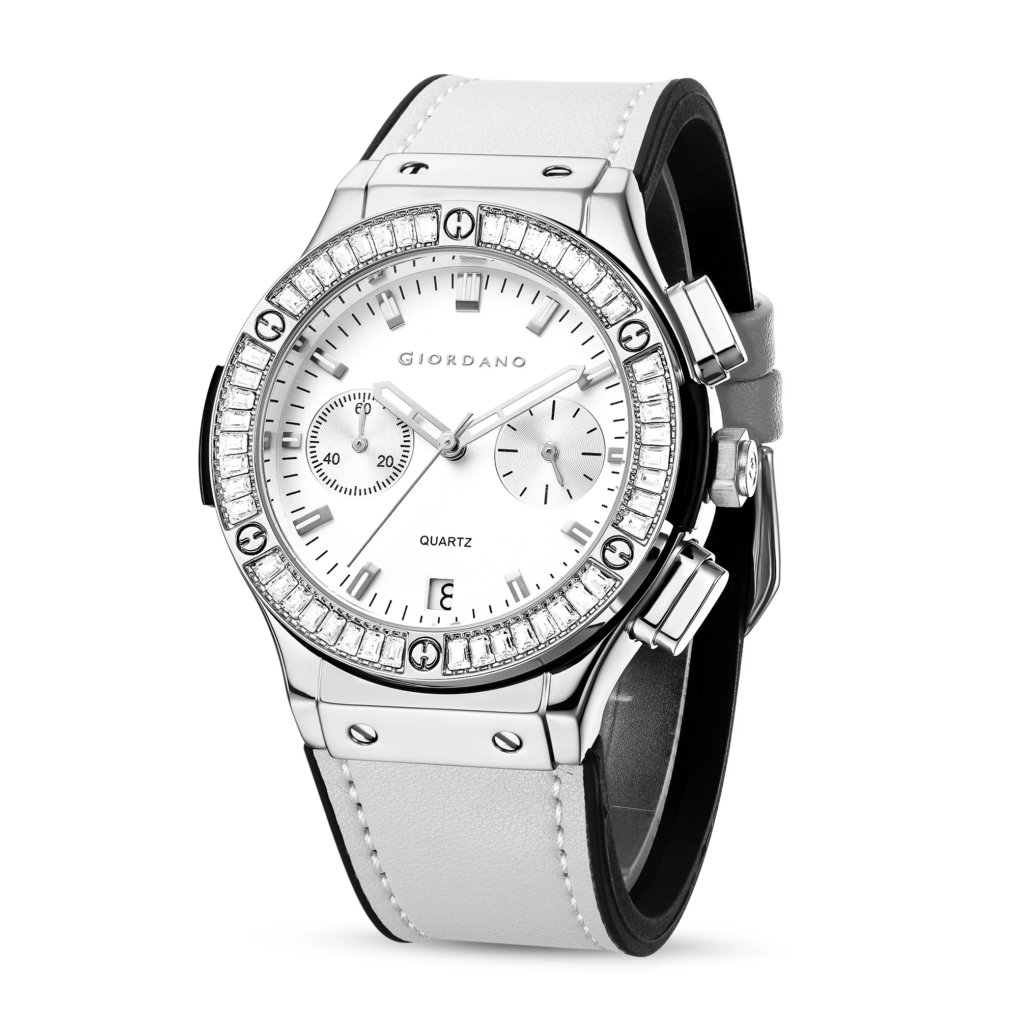 Giordano analog Watch for men  – Round Dial,  Leather Strap, Crystal-Studded Bezel with Quartz Movement-GZ-60093-02 - Image 4
