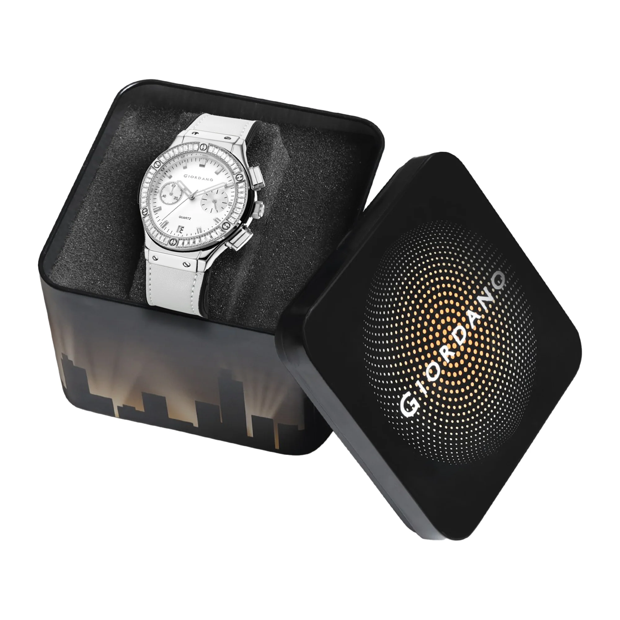Giordano analog Watch for men  – Round Dial,  Leather Strap, Crystal-Studded Bezel with Quartz Movement-GZ-60093-02 - Image 6