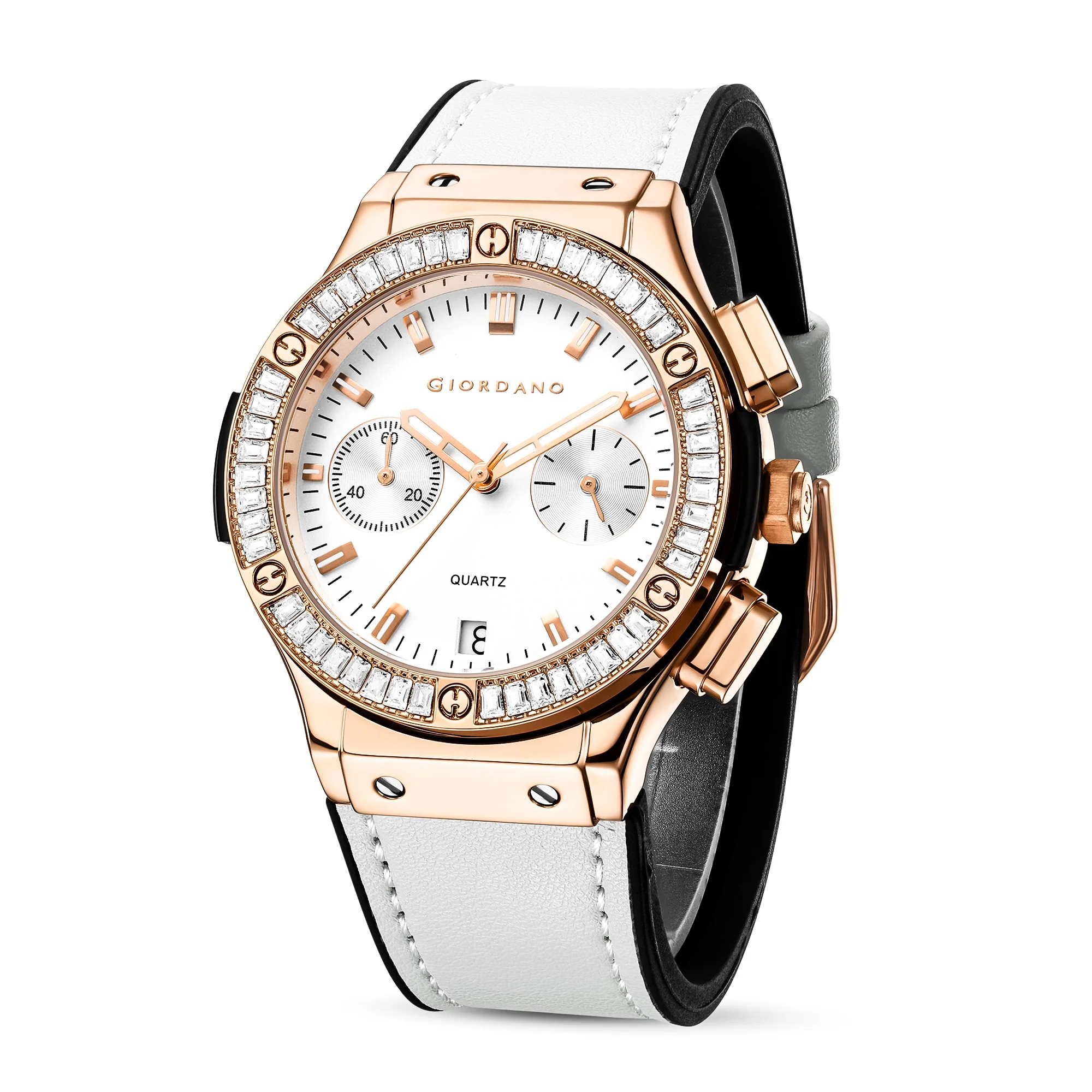 Giordano analog Watch for men  – Round Dial,  Leather Strap, Crystal-Studded Bezel with Quartz Movement-GZ-60093-03 - Image 4