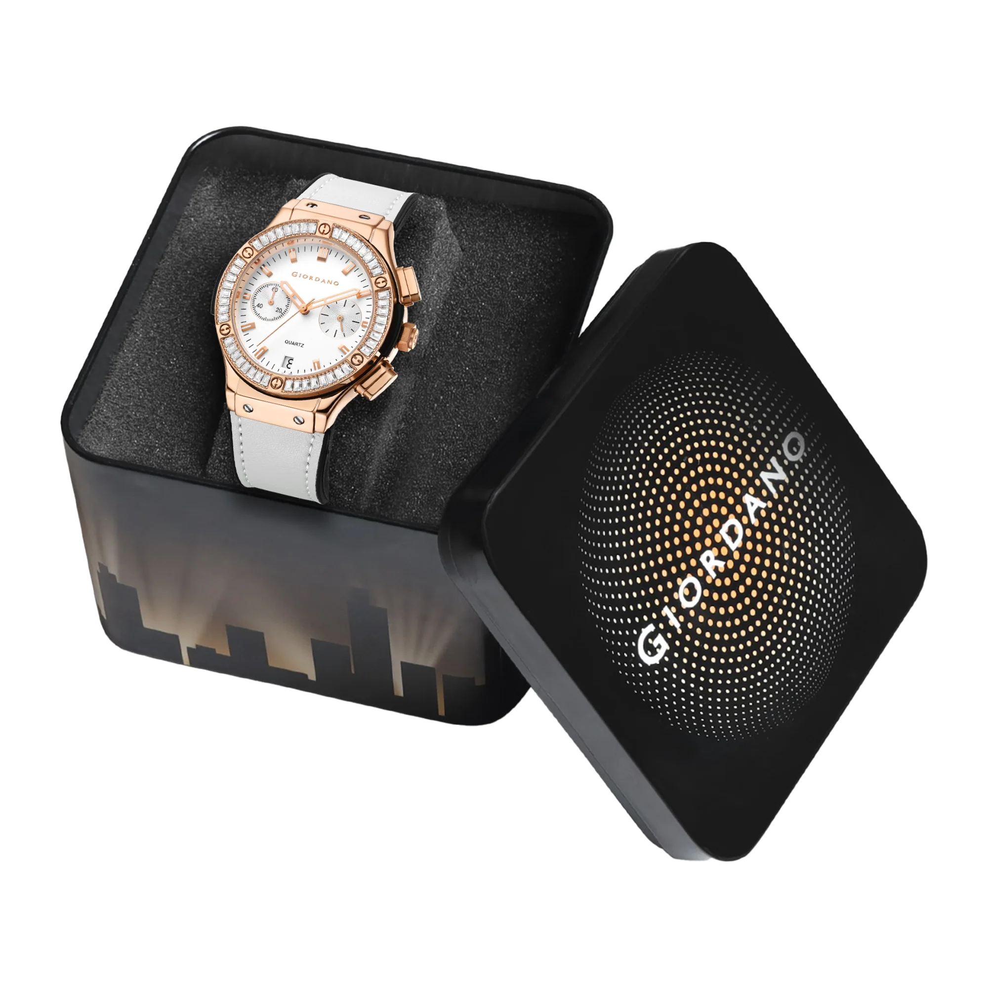 Giordano analog Watch for men  – Round Dial,  Leather Strap, Crystal-Studded Bezel with Quartz Movement-GZ-60093-03 - Image 6