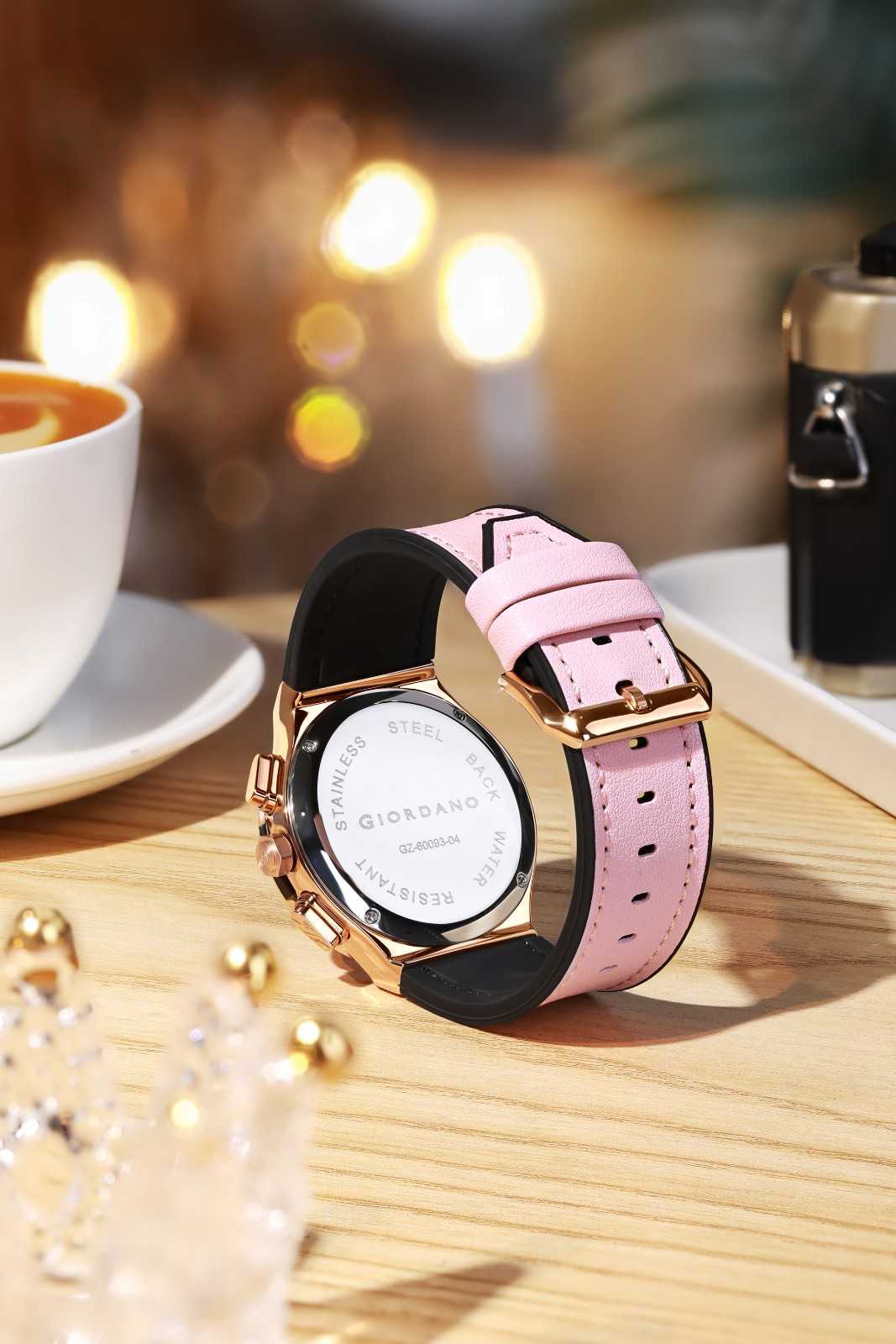 Giordano analog Watch for Women  – Round Dial,  Leather Strap, Crystal-Studded Bezel with Quartz Movement-GZ-60093-04 - Image 3