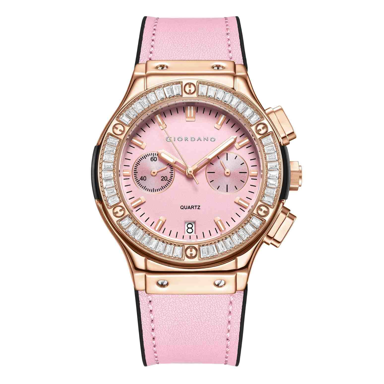 Giordano analog Watch for Women  – Round Dial,  Leather Strap, Crystal-Studded Bezel with Quartz Movement-GZ-60093-04 - Image 4