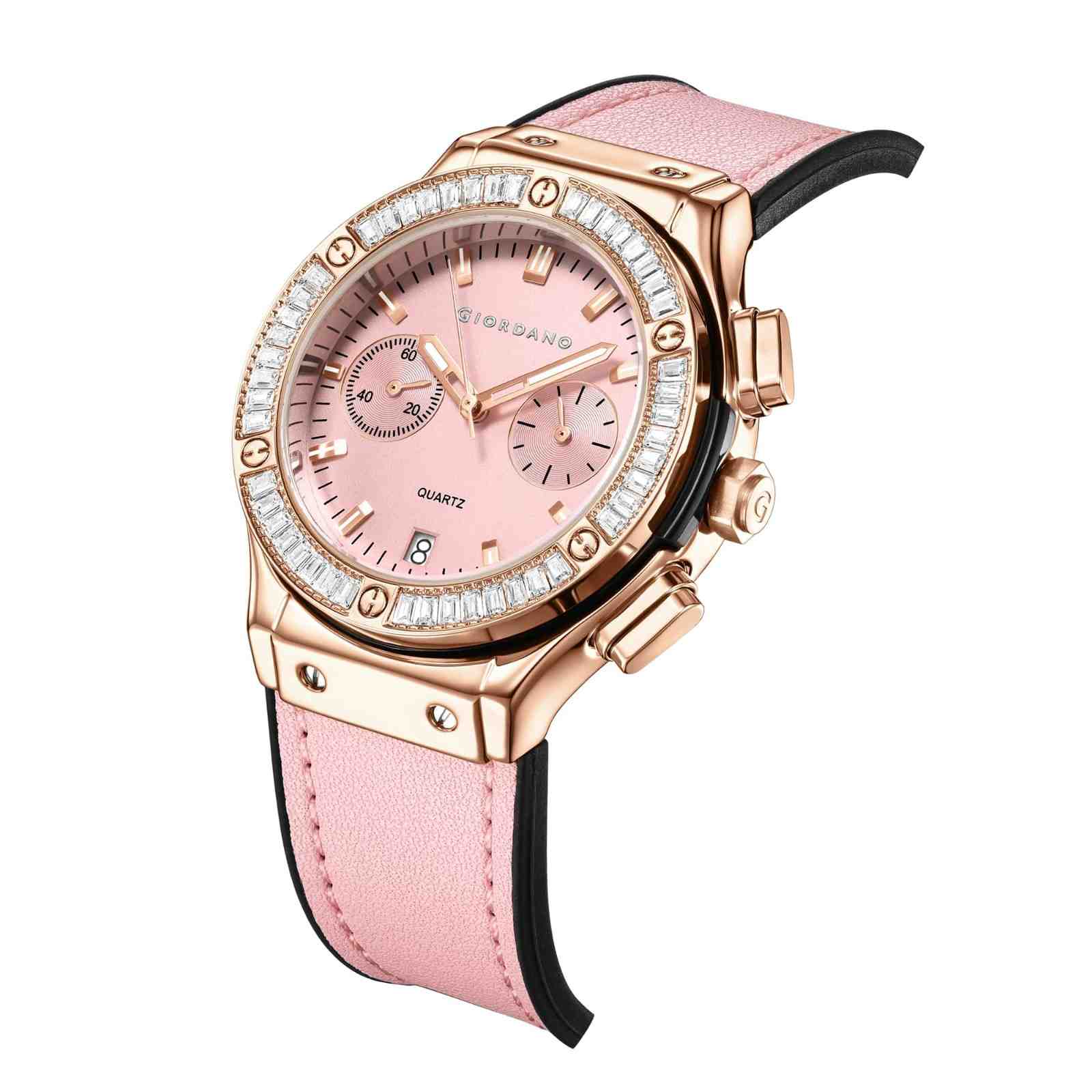 Giordano analog Watch for Women  – Round Dial,  Leather Strap, Crystal-Studded Bezel with Quartz Movement-GZ-60093-04 - Image 5
