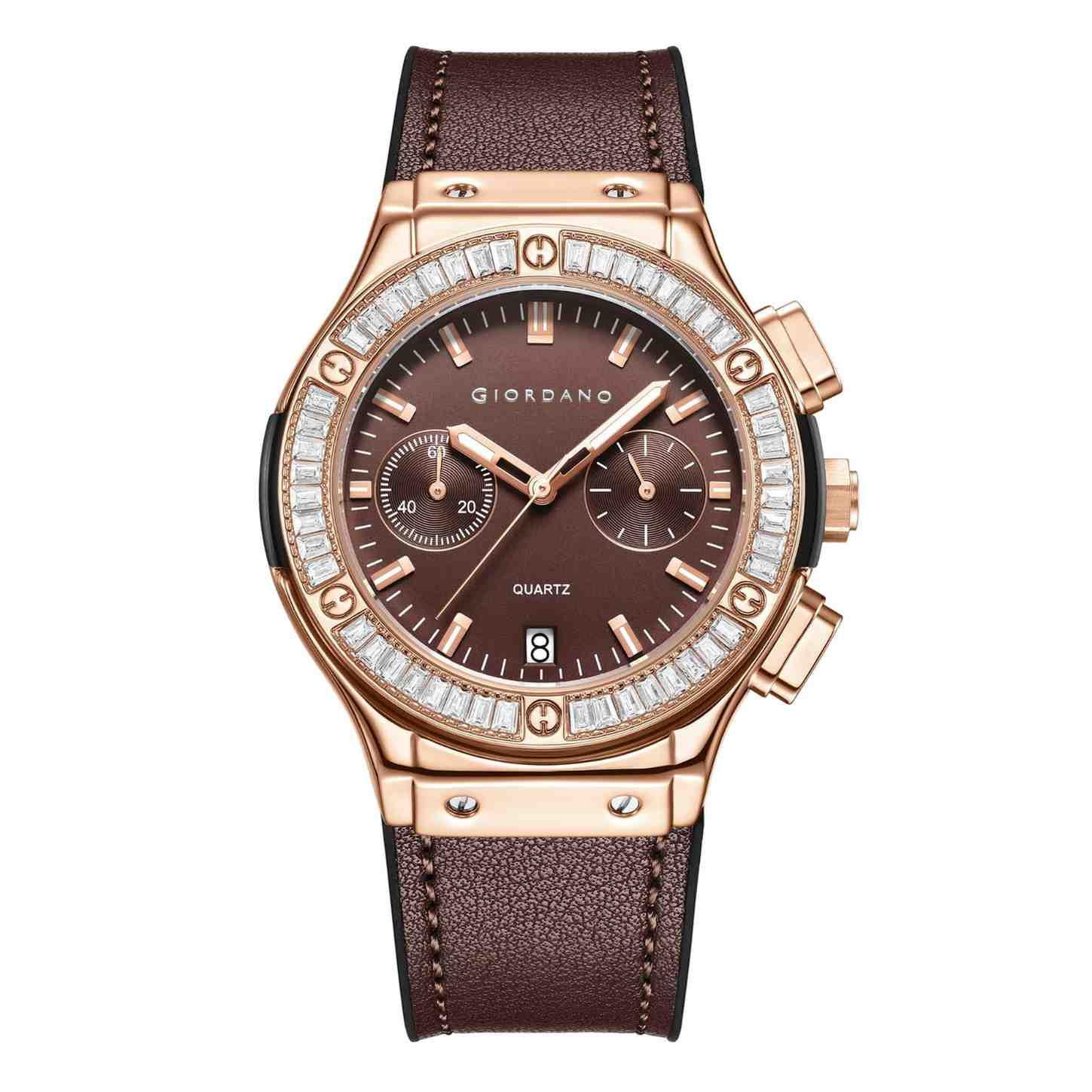 Giordano analog Watch for Women  – Round Dial,  Leather Strap, Crystal-Studded Bezel with Quartz Movement-GZ-60093-05 - Image 4