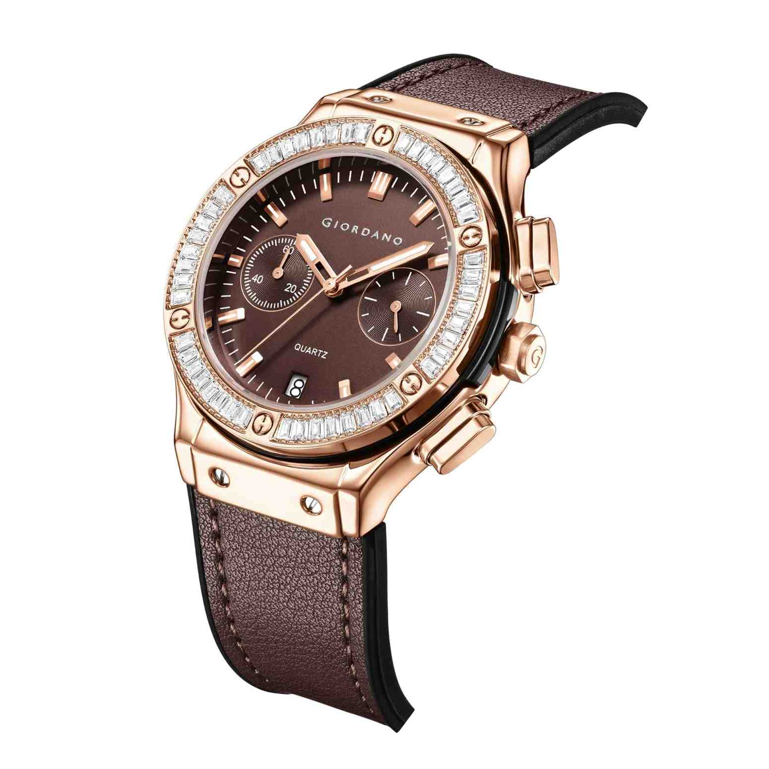 Giordano analog Watch for Women  – Round Dial,  Leather Strap, Crystal-Studded Bezel with Quartz Movement-GZ-60093-05 - Image 5
