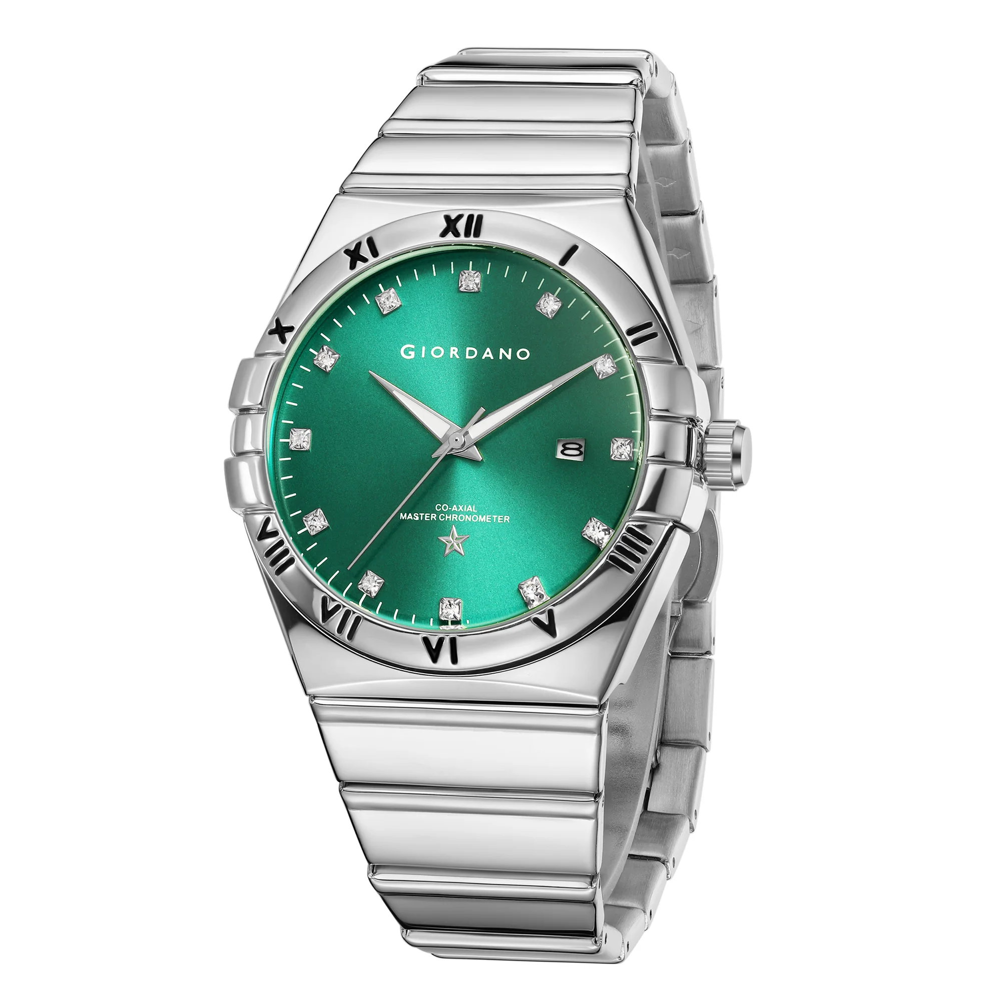 Giordano Analog Watch for Men Round Green Dial with Crystal Markers, Roman Bezel, Date Display & Stainless Steel Strap GZ-50220-22 - Image 4