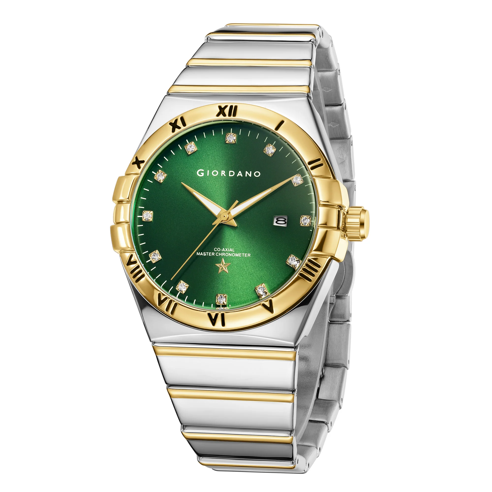 Giordano Analog Watch for Men Round Green Dial with Crystal Markers, Roman Bezel, Date Display & Stainless Steel Strap GZ-50220-33 - Image 4