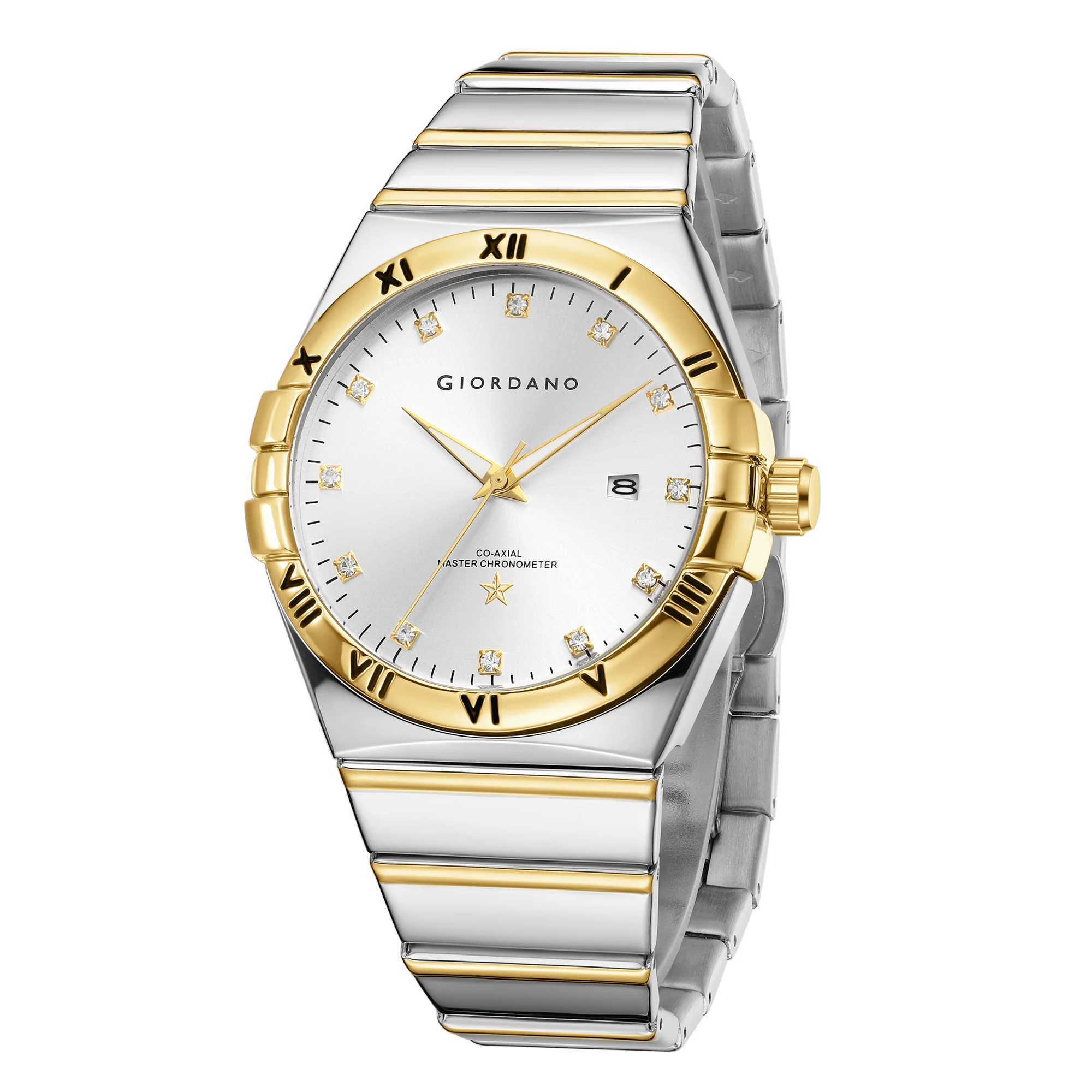 Giordano Analog Watch for Men Round Silver Dial with Crystal Markers, Roman Bezel, Date Display & Stainless Steel Strap GZ-50220-44 - Image 5