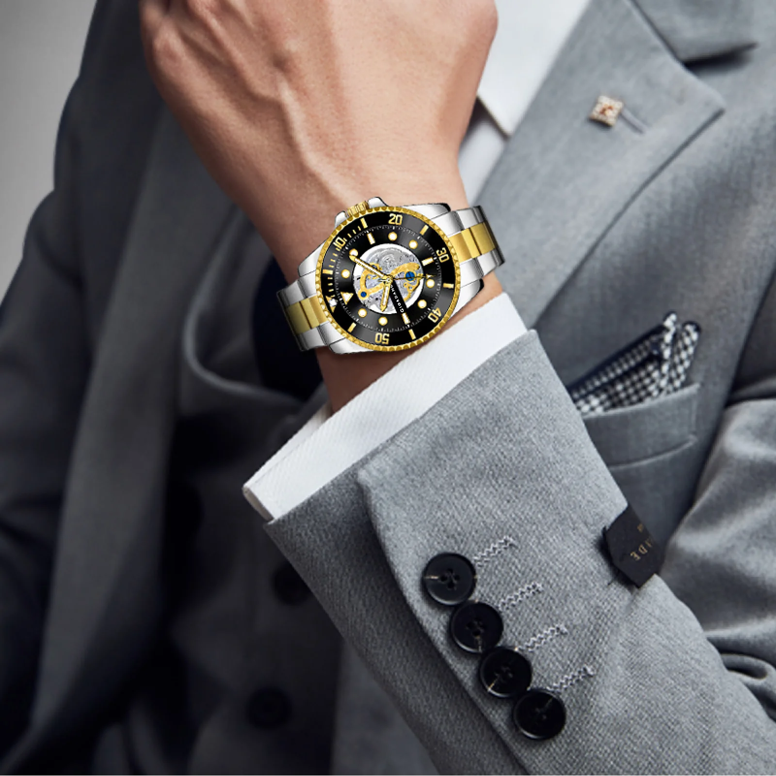 Giordano analog Watch for men– Skeleton Dial, Rotating  Bezel, Two-Tone Stainless Steel Strap-GZ-50135-11 - Image 4