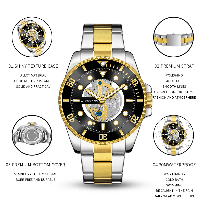 Giordano analog Watch for men– Skeleton Dial, Rotating  Bezel, Two-Tone Stainless Steel Strap-GZ-50135-11 - Image 7