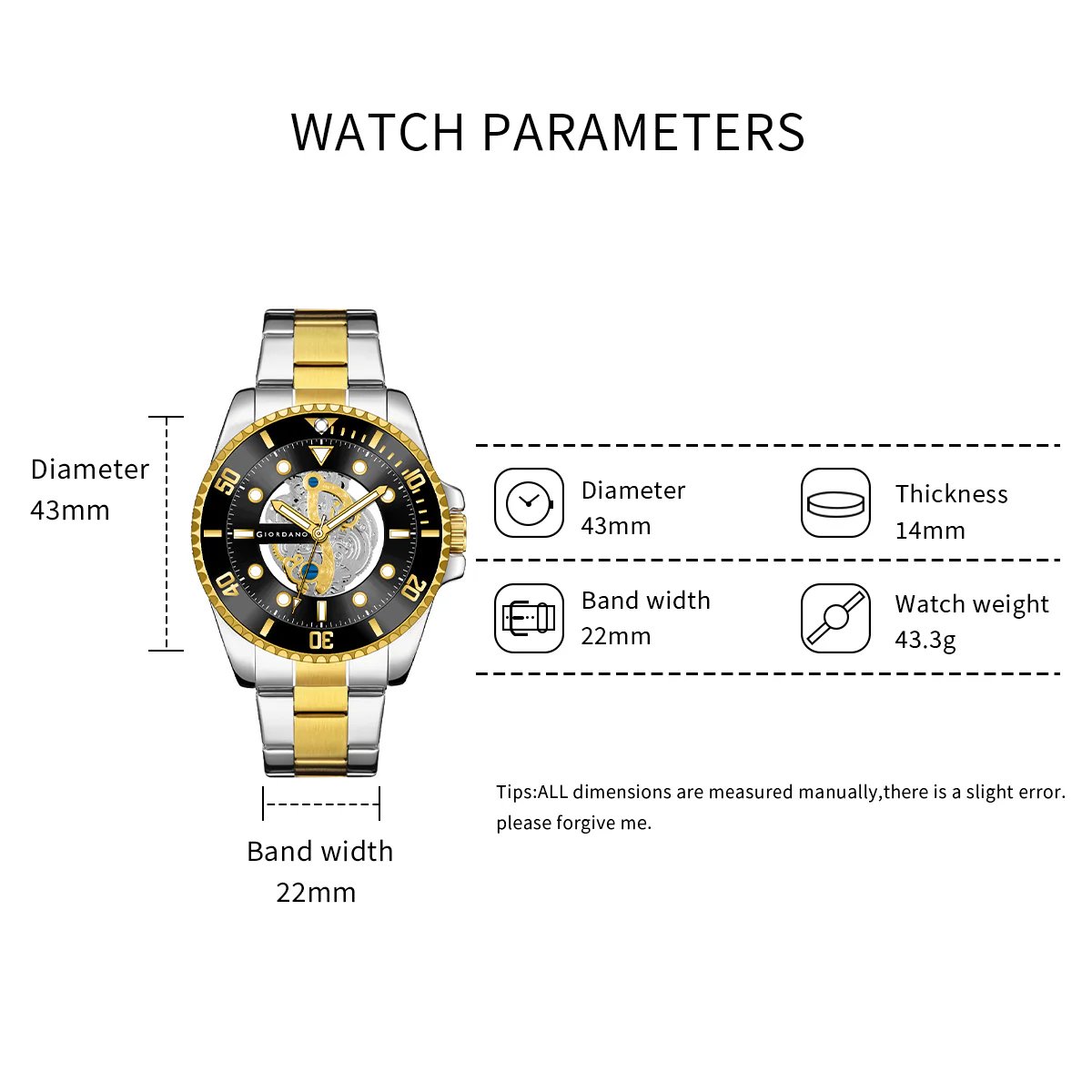 Giordano analog Watch for men– Skeleton Dial, Rotating  Bezel, Two-Tone Stainless Steel Strap-GZ-50135-11 - Image 8