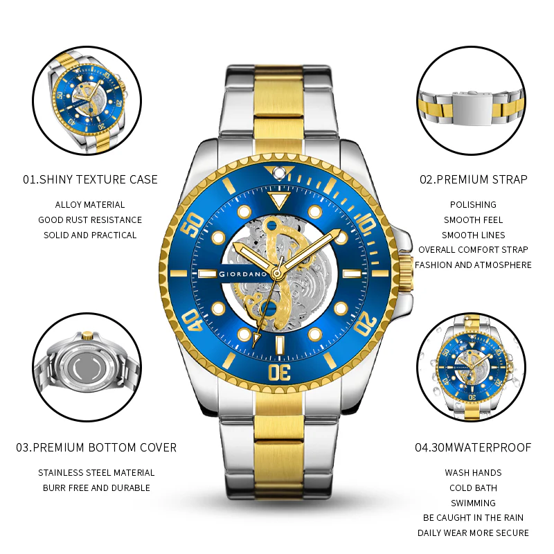 Giordano analog Watch for men– Skeleton Dial, Rotating  Bezel, Two-Tone Stainless Steel Strap-GZ-50135-22 - Image 11
