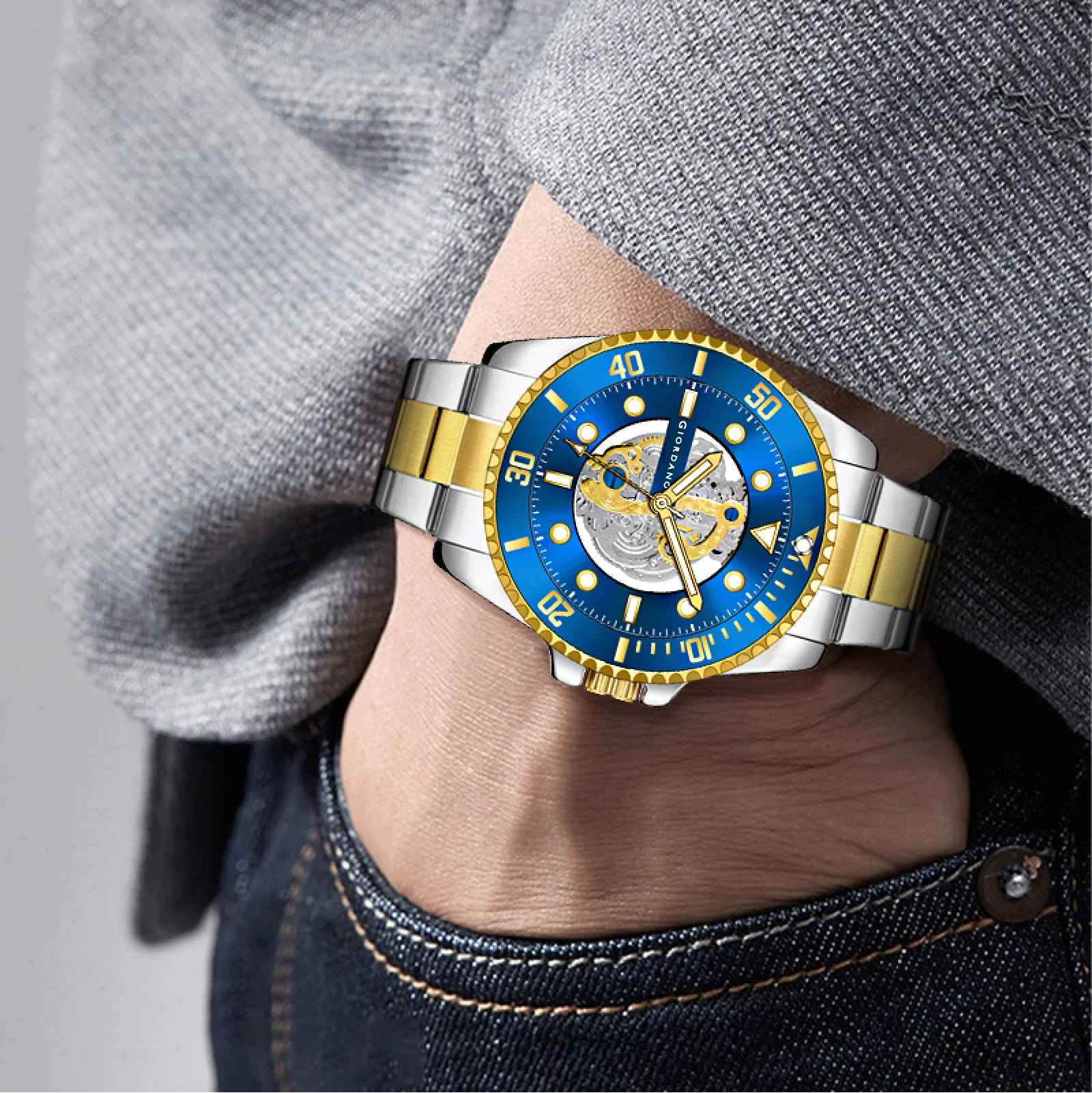 Giordano analog Watch for men– Skeleton Dial, Rotating  Bezel, Two-Tone Stainless Steel Strap-GZ-50135-22 - Image 3