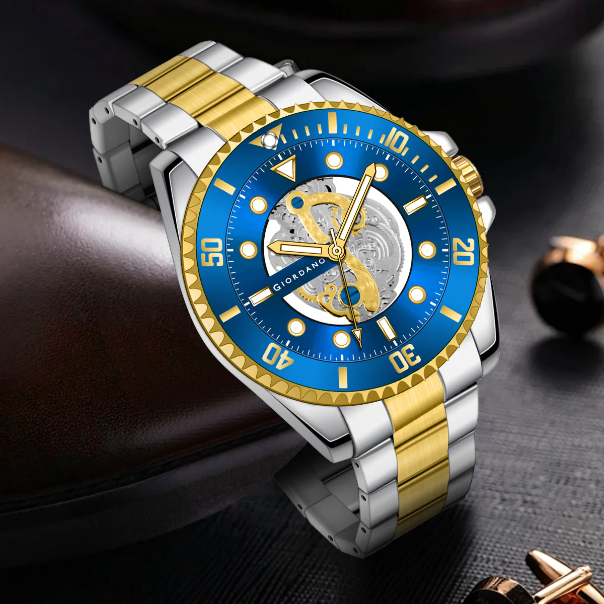 Giordano analog Watch for men– Skeleton Dial, Rotating  Bezel, Two-Tone Stainless Steel Strap-GZ-50135-22 - Image 5