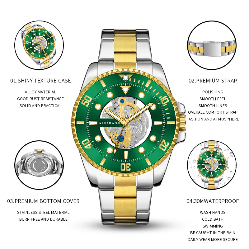 Giordano analog Watch for men– Skeleton Dial, Rotating  Bezel, Two-Tone Stainless Steel Strap-GZ-50135-33 - Image 7