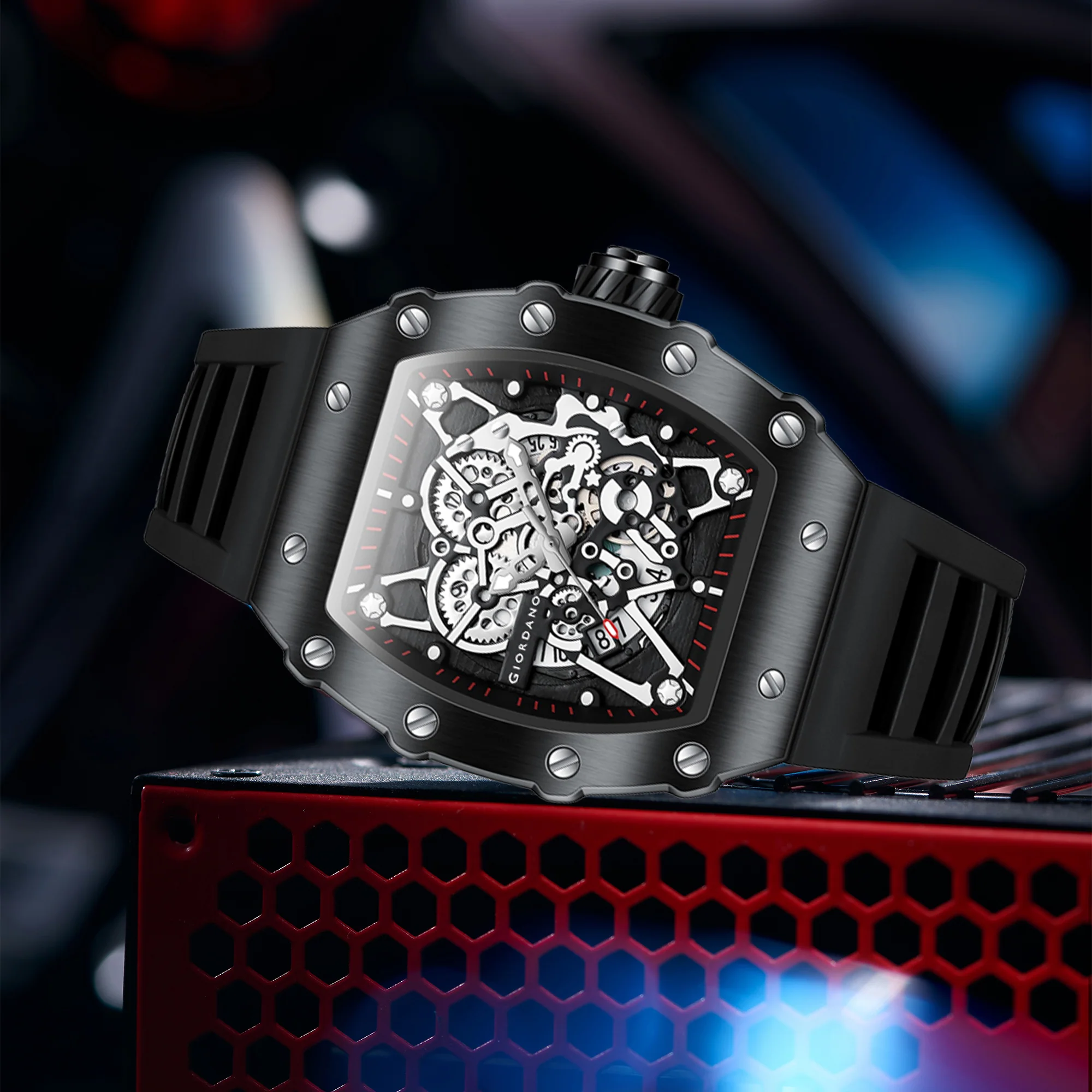 Giordano Analog Watch for Men - Skeleton-Style Dial | Brushed Steel Case with Silicone Strap | GZ-50127-01 - Image 4