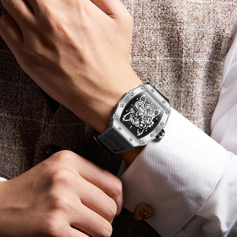 Giordano Analog Watch for Men - Skeleton-Style Dial | Brushed Steel Case with Silicone Strap | GZ-50127-02 - Image 2