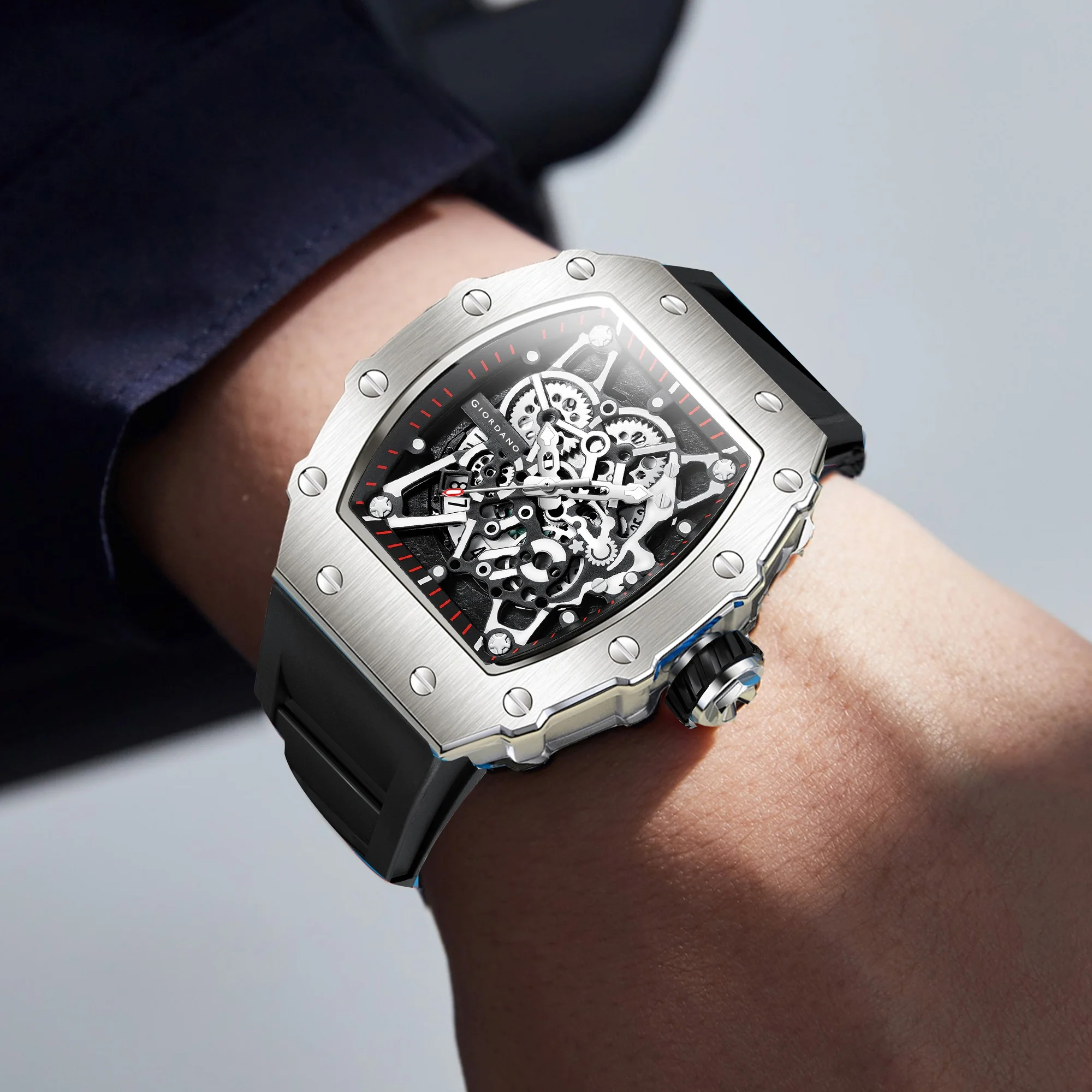 Giordano Analog Watch for Men - Skeleton-Style Dial | Brushed Steel Case with Silicone Strap | GZ-50127-02 - Image 3