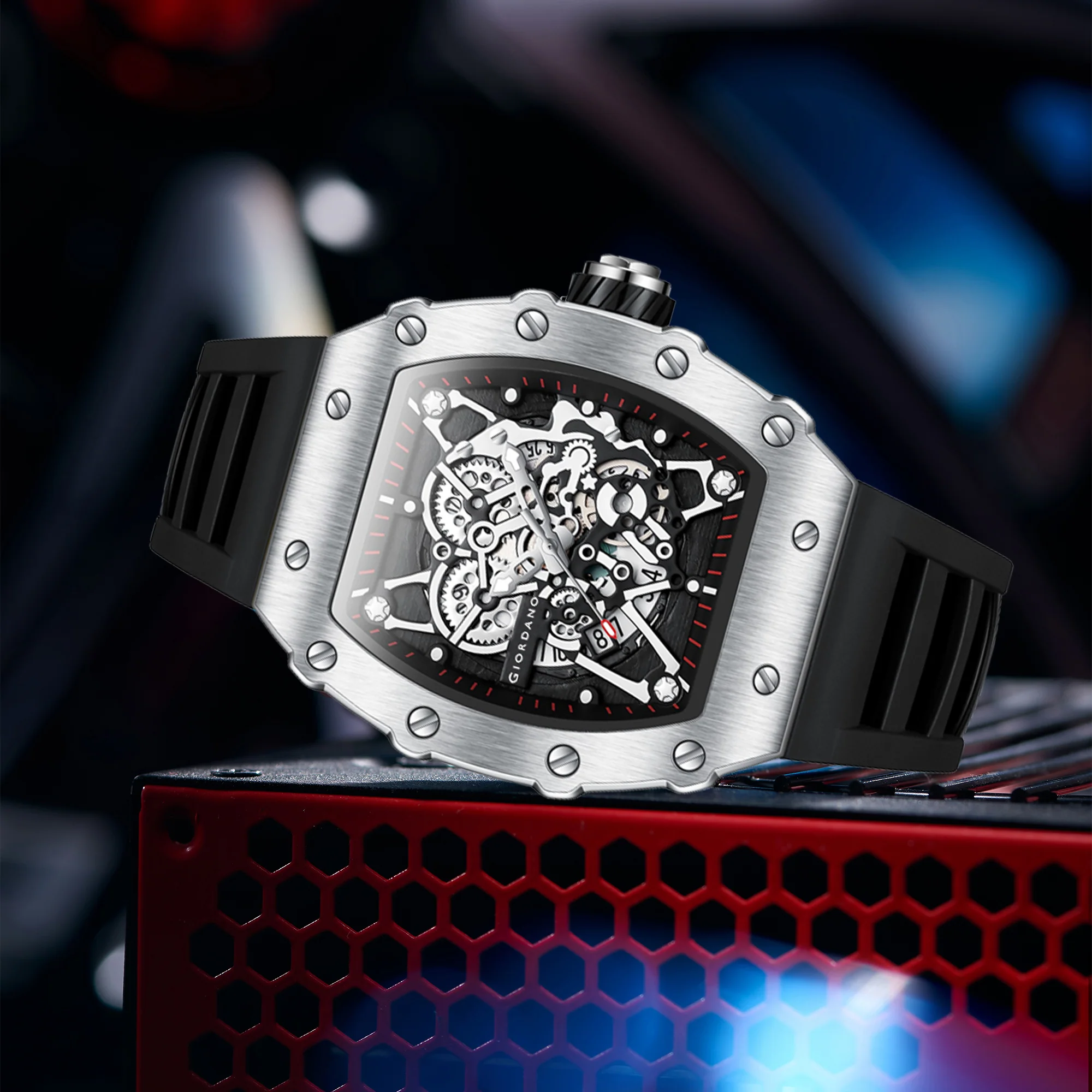 Giordano Analog Watch for Men - Skeleton-Style Dial | Brushed Steel Case with Silicone Strap | GZ-50127-02 - Image 4
