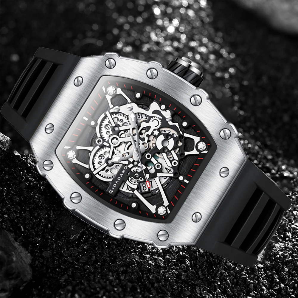 Giordano Analog Watch for Men - Skeleton-Style Dial | Brushed Steel Case with Silicone Strap | GZ-50127-02 - Image 5
