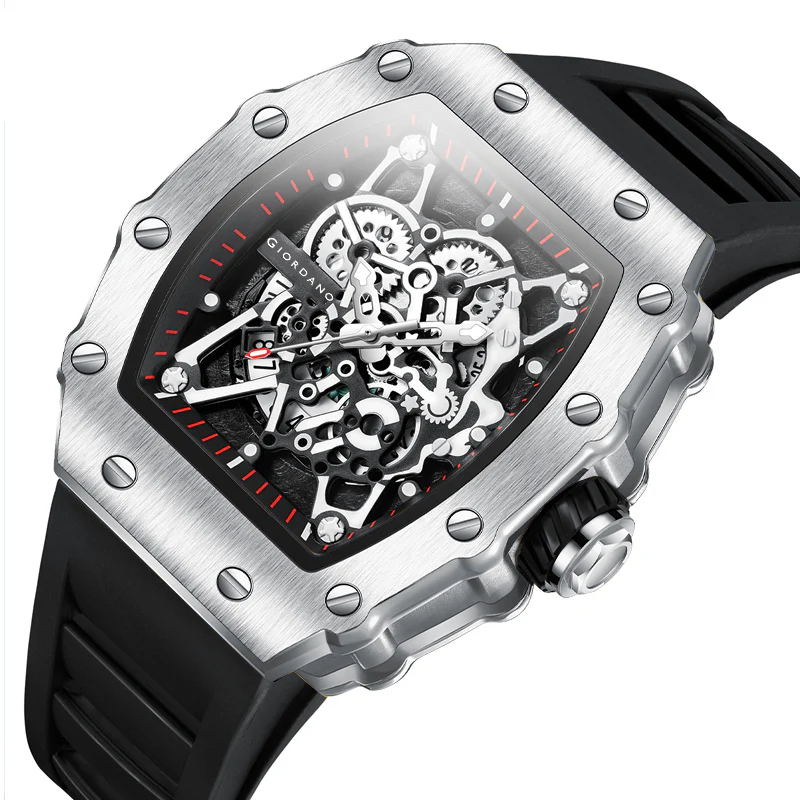 Giordano Analog Watch for Men - Skeleton-Style Dial | Brushed Steel Case with Silicone Strap | GZ-50127-02 - Image 6