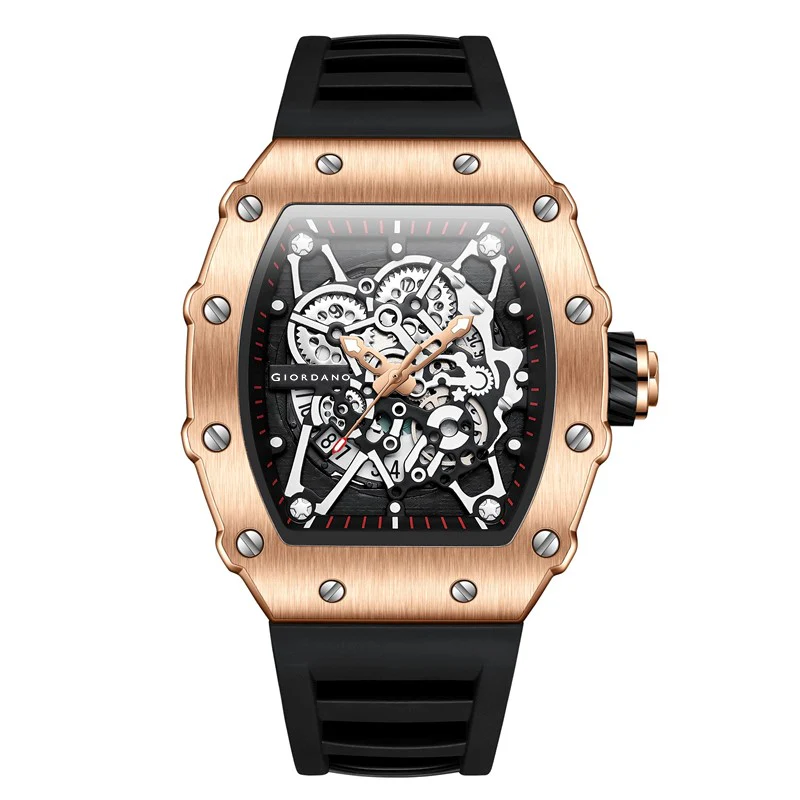 Giordano Analog Watch for Men - Skeleton-Style Dial | Brushed Steel Case with Silicone Strap | GZ-50127-03 - Image 3