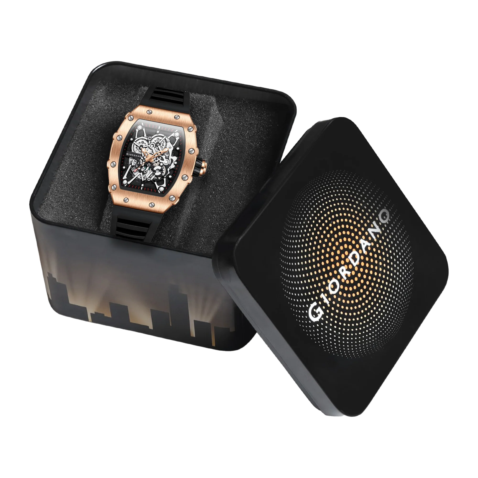 Giordano Analog Watch for Men - Skeleton-Style Dial | Brushed Steel Case with Silicone Strap | GZ-50127-03 - Image 5