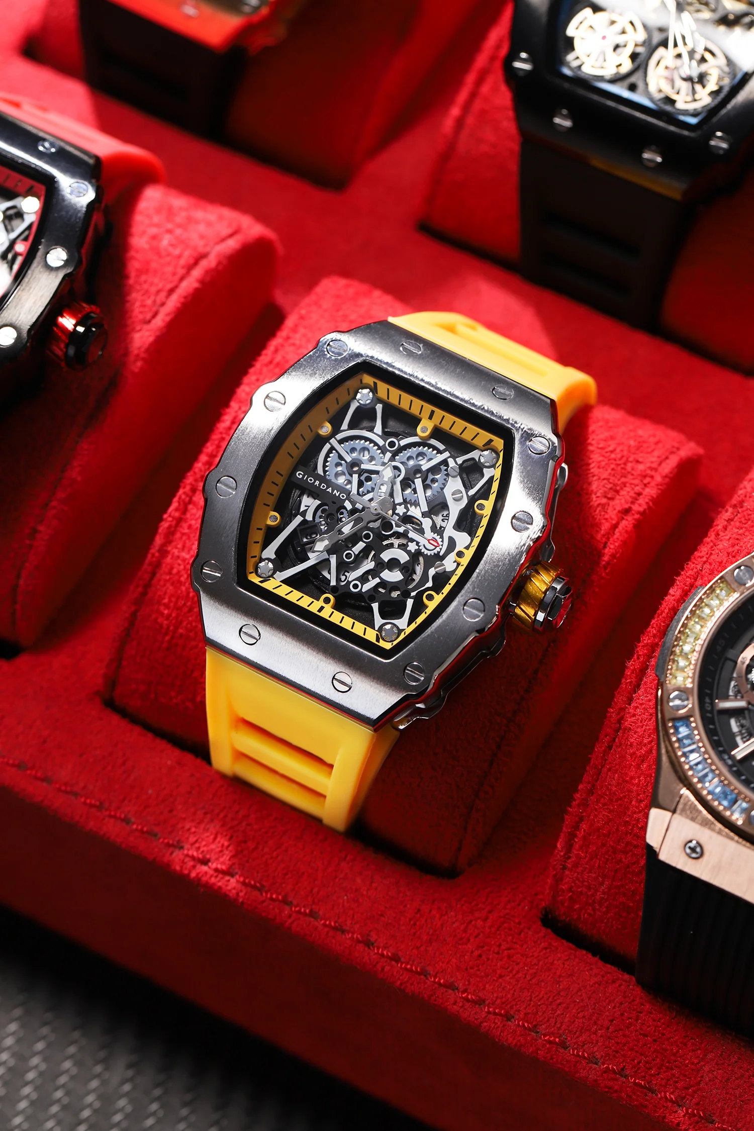 Giordano Analog Watch for Men - Skeleton-Style Dial | Brushed Steel Case with Silicone Strap | GZ-50127-05 - Image 3