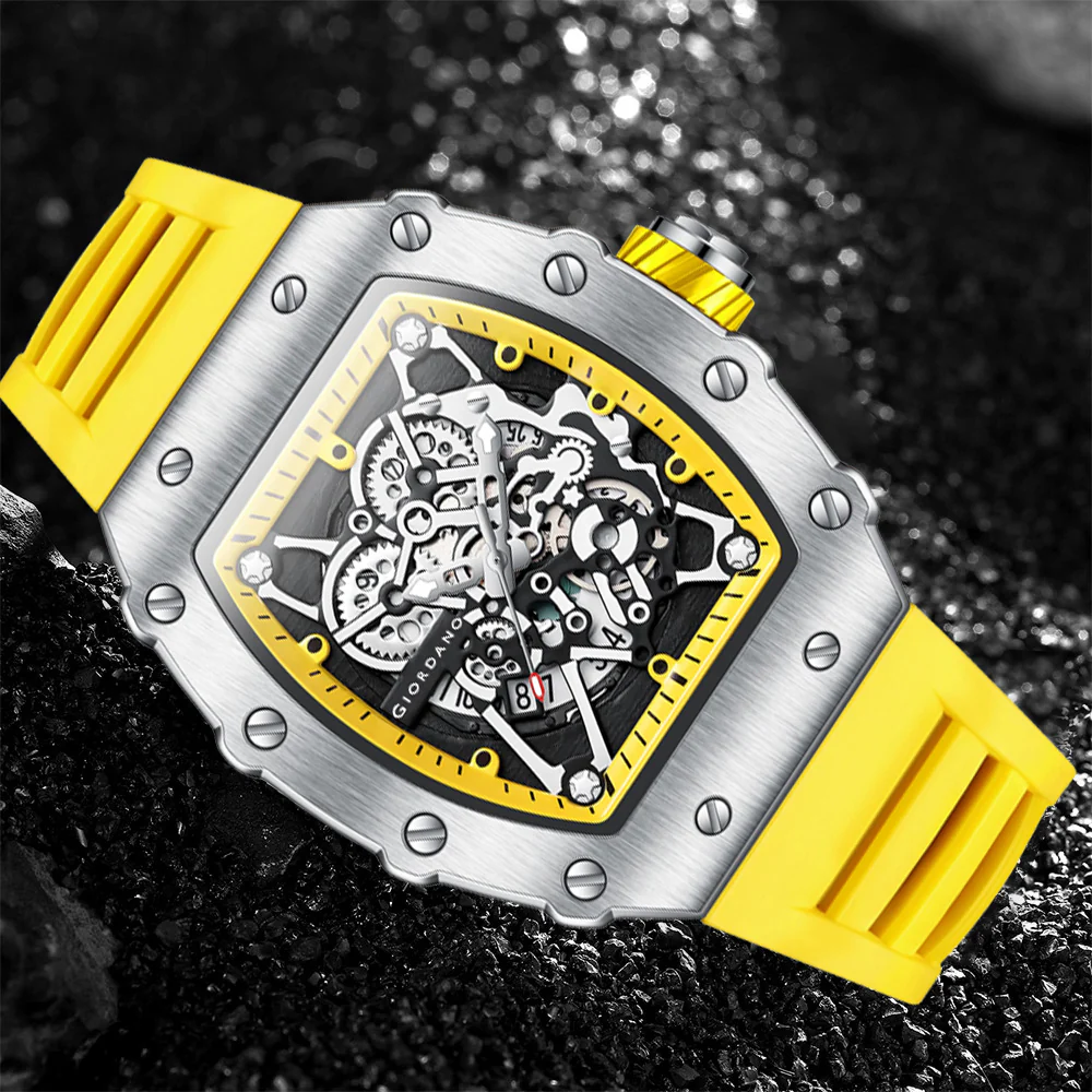 Giordano Analog Watch for Men - Skeleton-Style Dial | Brushed Steel Case with Silicone Strap | GZ-50127-05 - Image 4