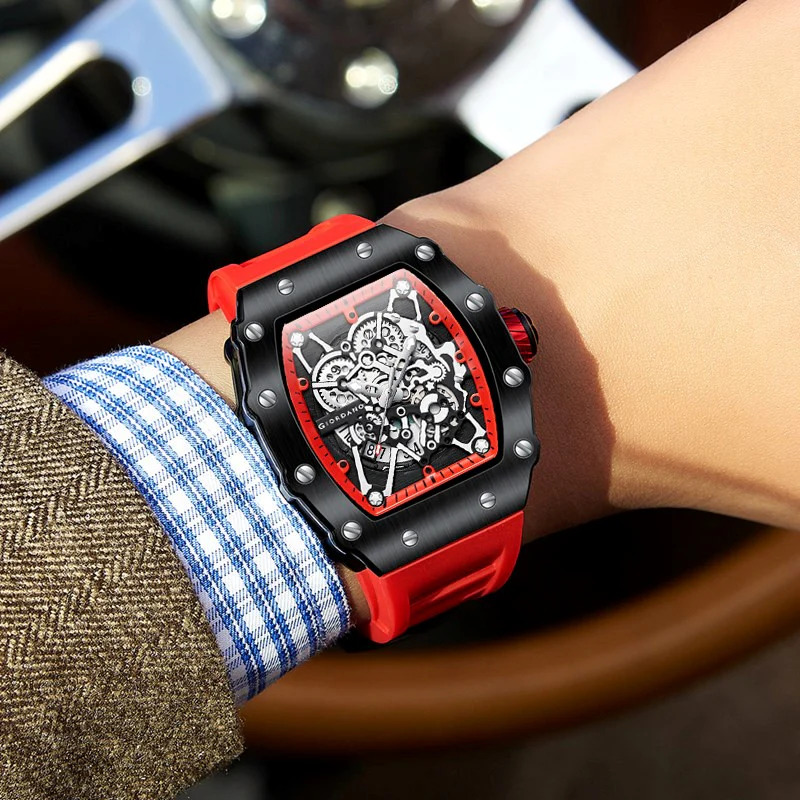Giordano Analog Watch for Men - Skeleton-Style Dial | Brushed Steel Case with Silicone Strap | GZ-50127-06 - Image 2