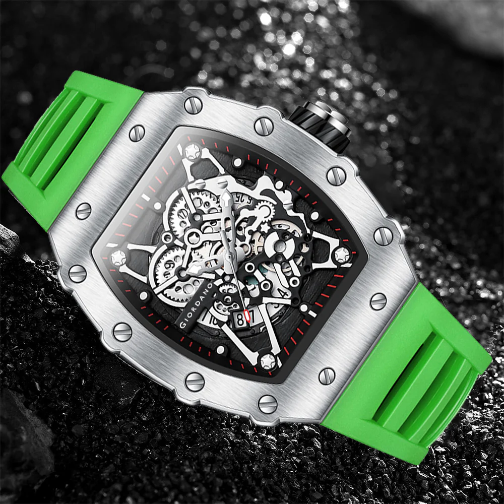 Giordano Analog Watch for Men - Skeleton-Style Dial | Brushed Steel Case with Silicone Strap | GZ-50127-07 - Image 4