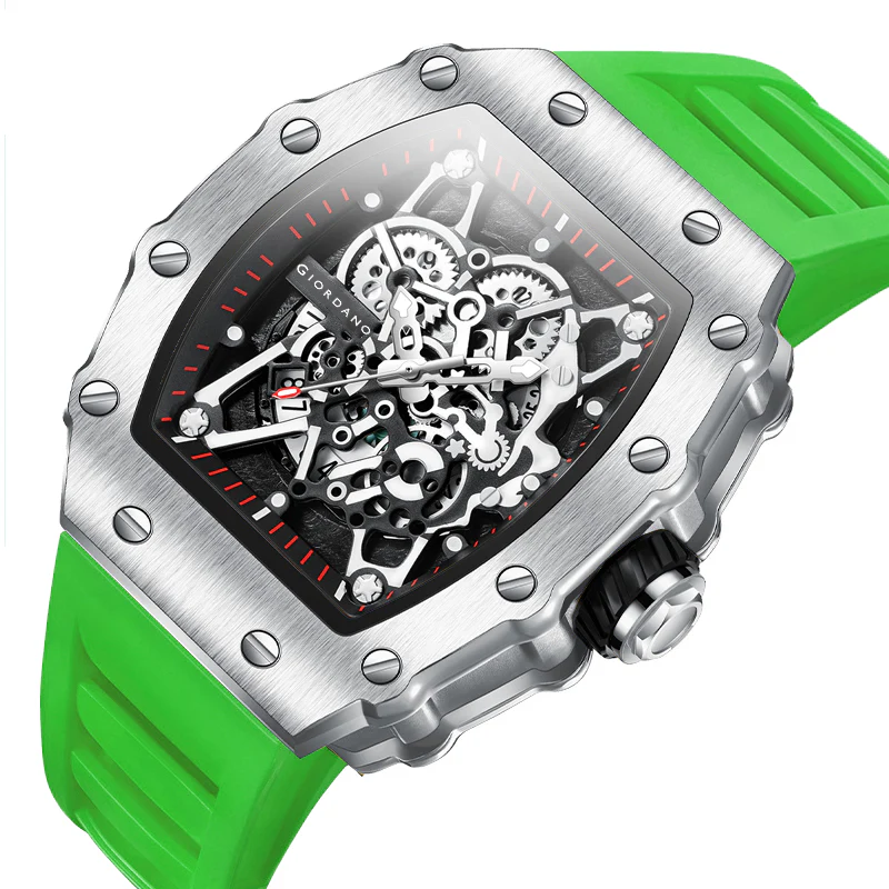 Giordano Analog Watch for Men - Skeleton-Style Dial | Brushed Steel Case with Silicone Strap | GZ-50127-07 - Image 6