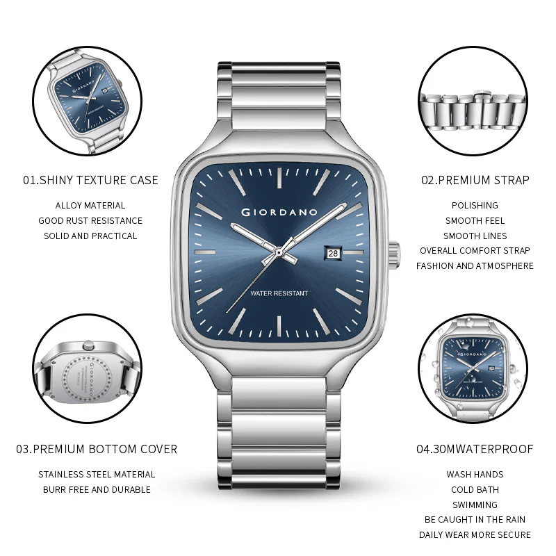 Giordano Analog Watch for Men – Square Dial, Stainless Steel Strap, Date Display, Water Resistant Classic Dress Watch | GZ-50163-22 - Image 5