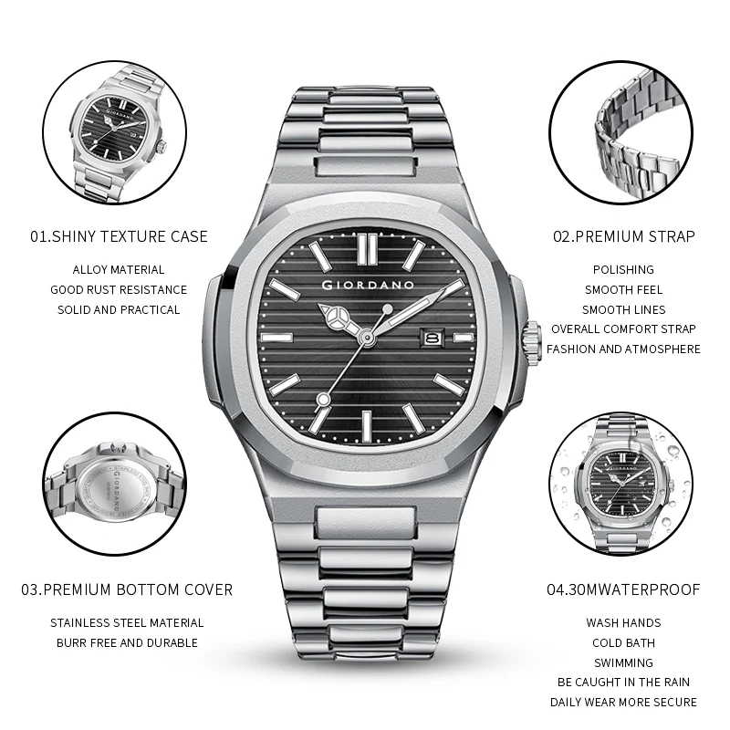 Giordano Analog Watch for Men – Textured Dial, Stainless Steel Strap, Date Display, Quartz Movement, Water Resistant | GZ-50134-22 - Image 7