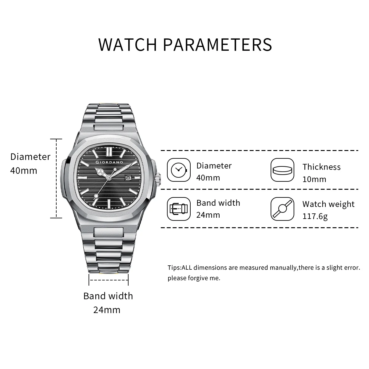 Giordano Analog Watch for Men – Textured Dial, Stainless Steel Strap, Date Display, Quartz Movement, Water Resistant | GZ-50134-22 - Image 8