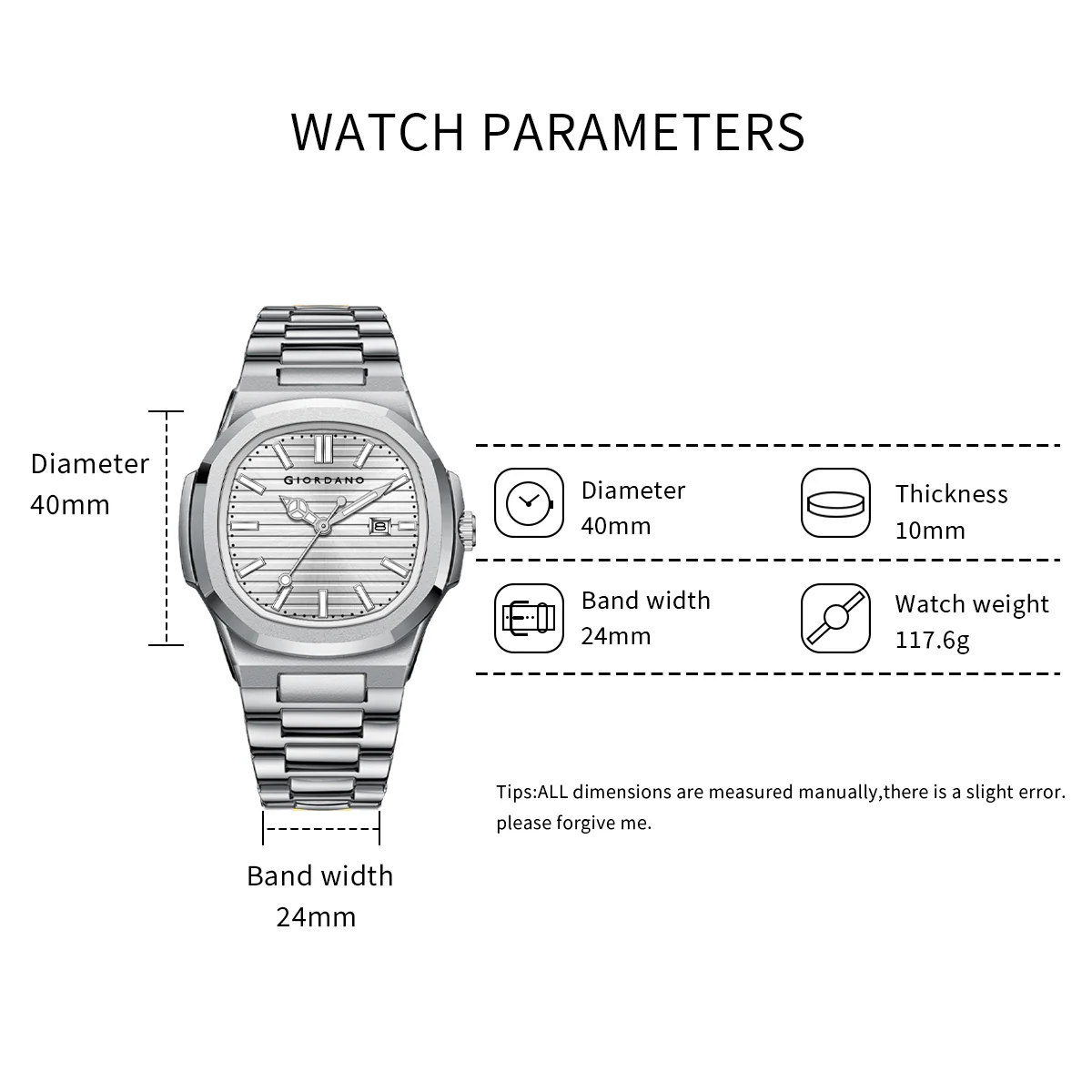 Giordano Analog Watch for Men – Textured Dial, Stainless Steel Strap, Date Display, Quartz Movement, Water Resistant | GZ-50134-33 - Image 8