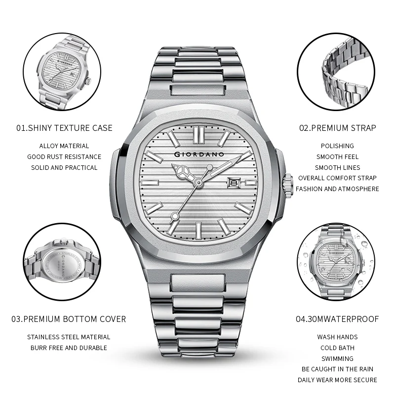 Giordano Analog Watch for Men – Textured Dial, Stainless Steel Strap, Date Display, Quartz Movement, Water Resistant | GZ-50134-33 - Image 9