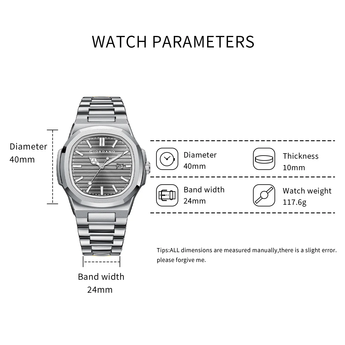 Giordano Analog Watch for Men – Textured Dial, Stainless Steel Strap, Date Display, Quartz Movement, Water Resistant | GZ-50134-66 - Image 9