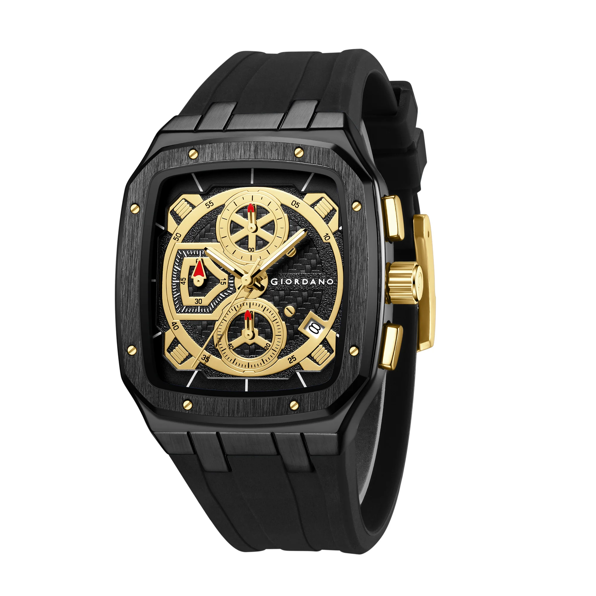 Giordano Analog Watch for Men with Chronograph Subdials, Black Square Case, Date Display, Quartz Movement, Black Silicone Strap GZ-50204-11 - Image 5