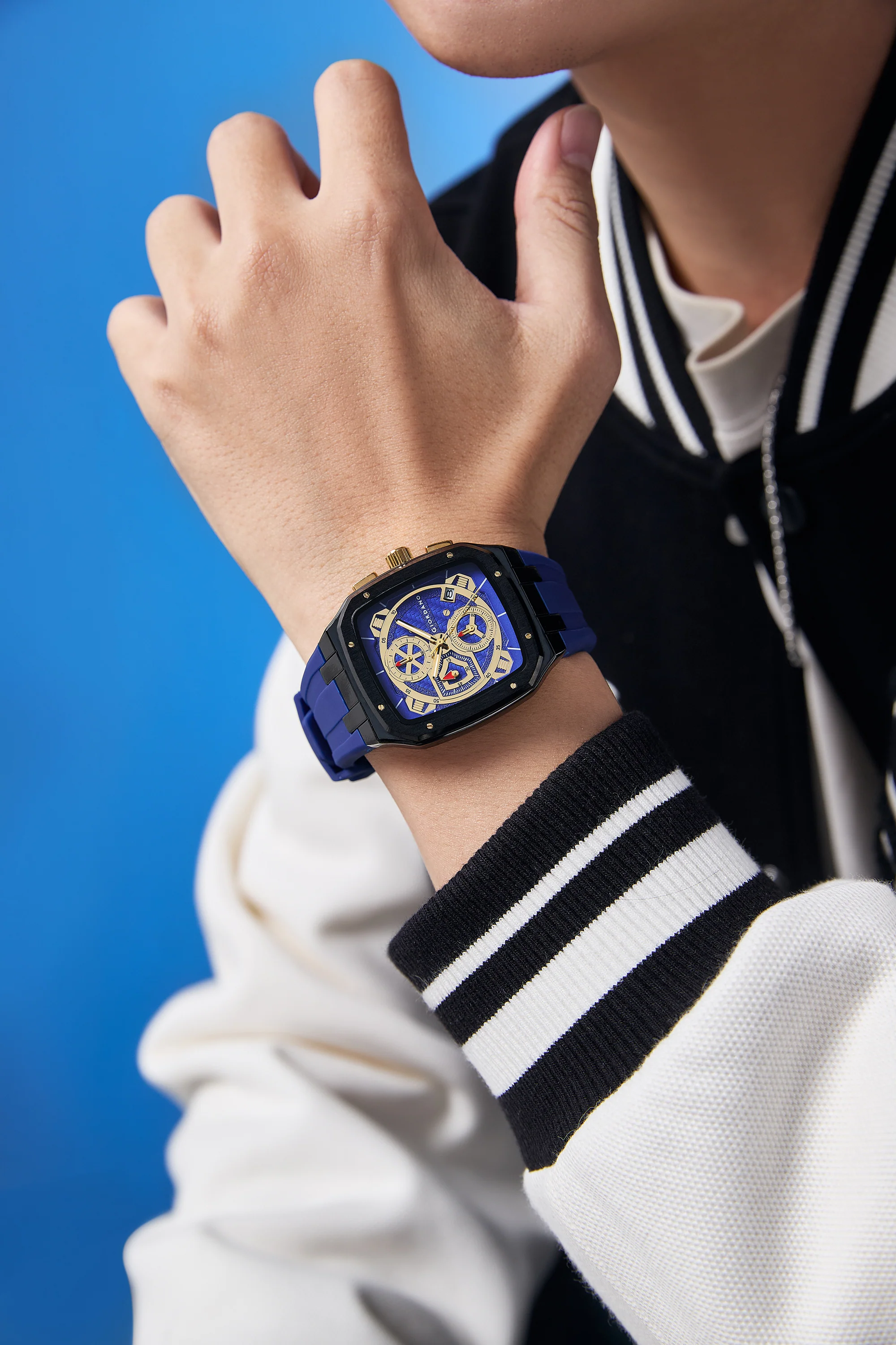Giordano Analog Watch for Men with Chronograph Subdials, Black Square Case, Date Display, Quartz Movement, Blue Silicone Strap GZ-50204-22 - Image 2